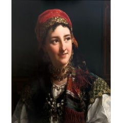 " Gypsy Girl " 19th Century antique realistic portrait oil painting on panel