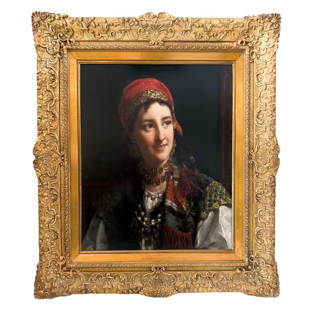 Jan Frederik Pieter Portielje  Portrait Painting - " Gypsy Girl " 19th Century antique realistic portrait oil painting on panel