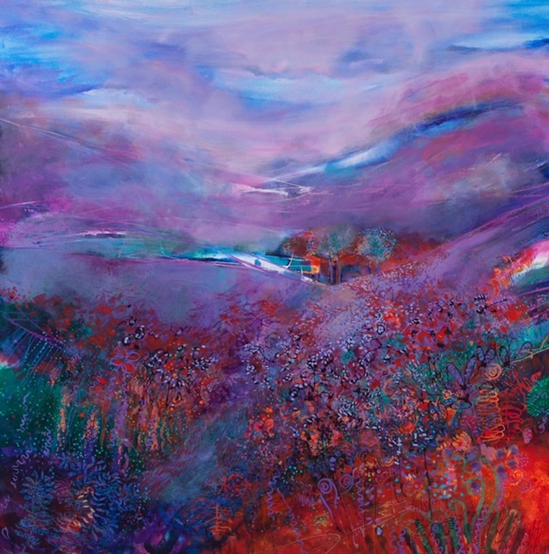 Jan Gardner Abstract Painting – Zeitgenössische Kunst,templation, Erde für den Himmel, helles Landschaftsgemälde in Rot
