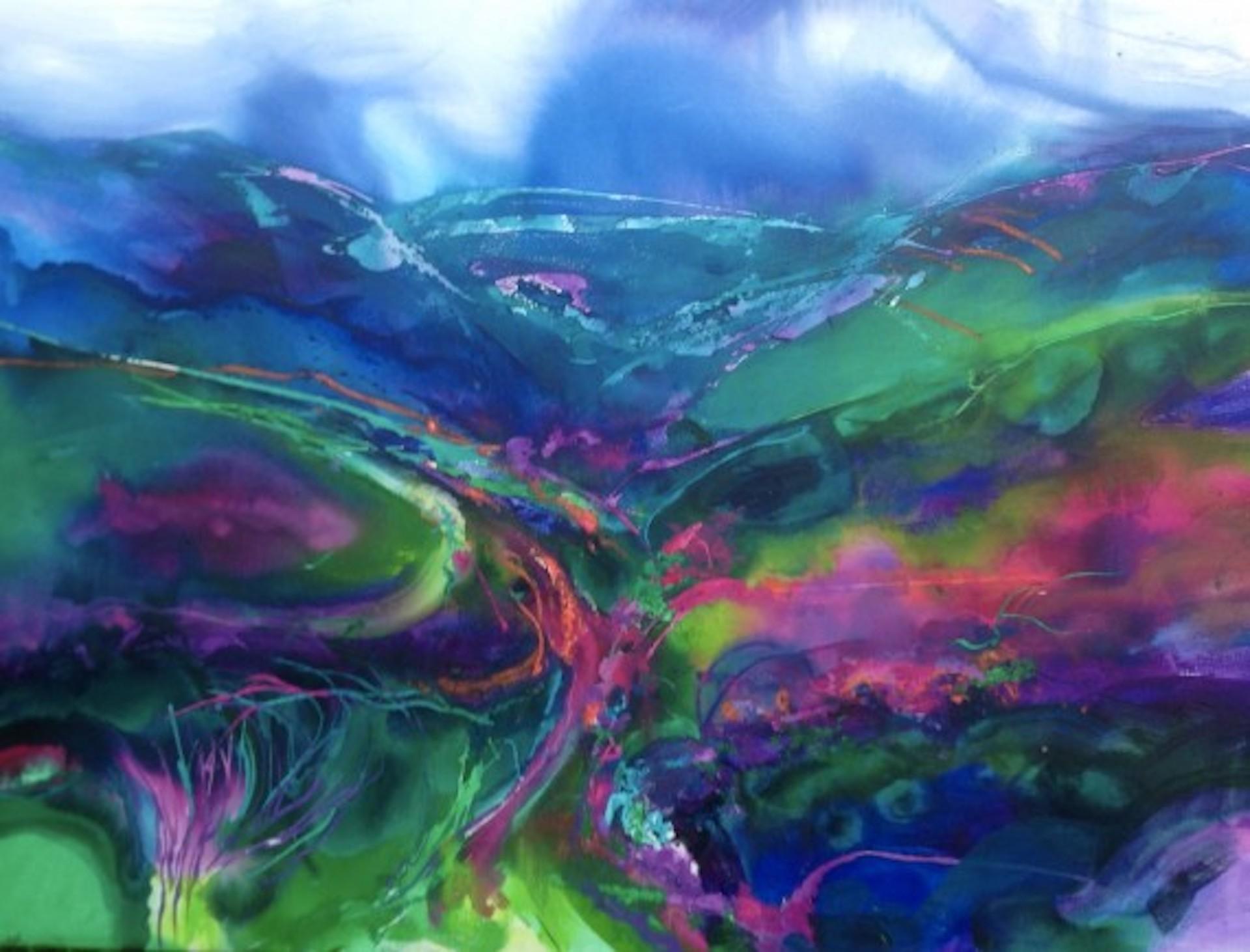 Jan Gardner Abstract Painting - Jan Gardener, Meander More, Contemporary Landscape Painting, Colourful Art
