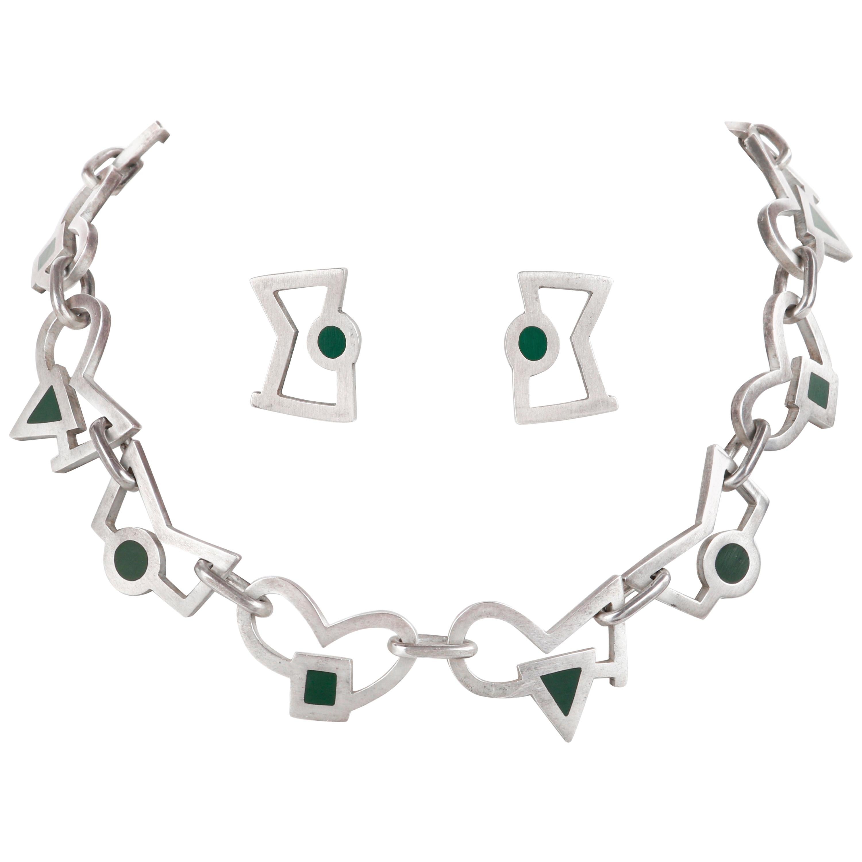 JAN GJALTEMA Stirling Silver Green Accented Abstract Shape Necklace Earring Set