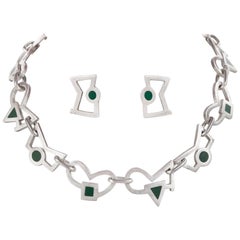 JAN GJALTEMA Set di collane e orecchini di forma astratta in argento Stirling con inserti verdi