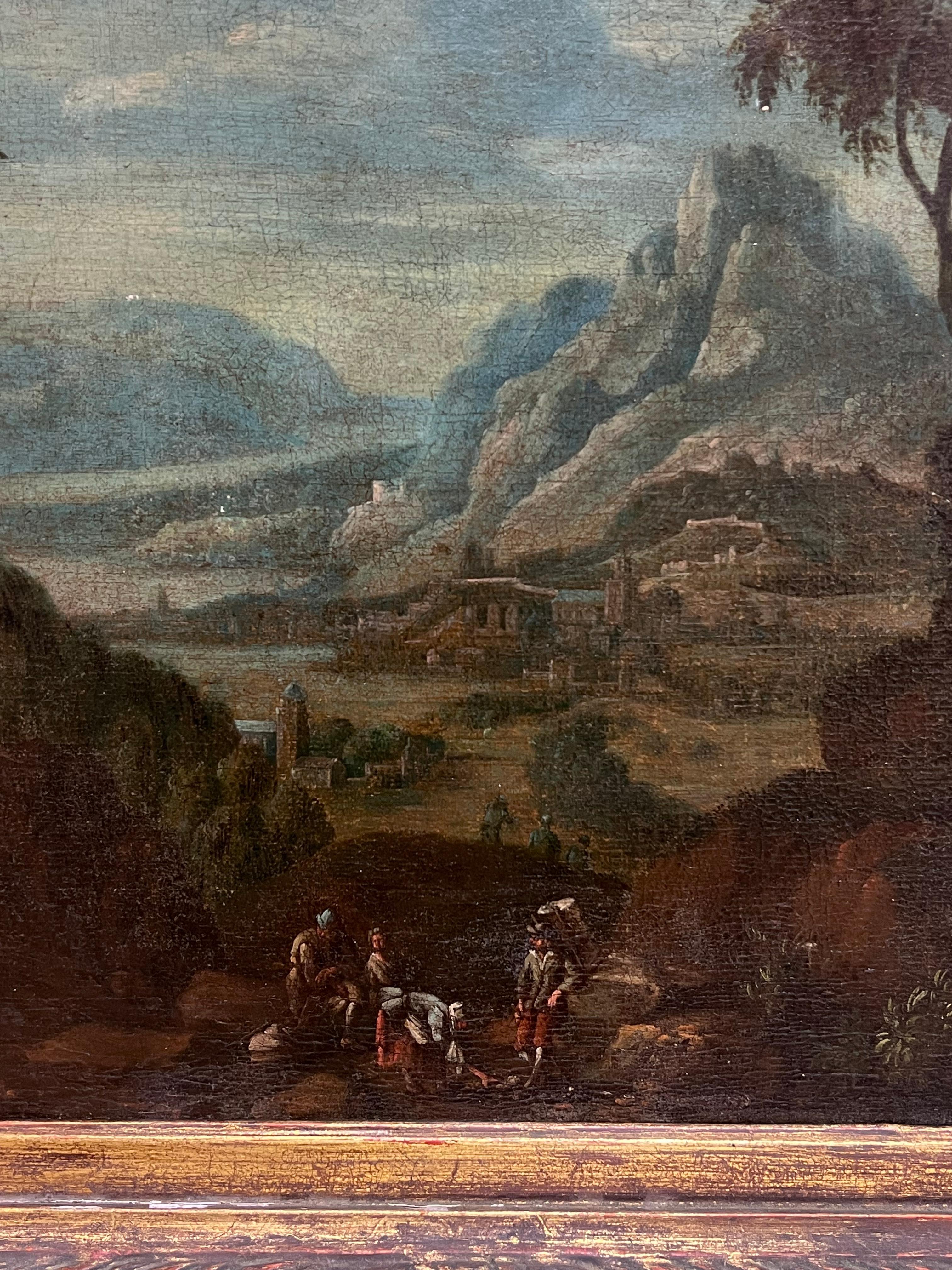 Belle peinture à l'huile de maître hollandaise du 17e siècle avec des voyageurs dans un paysage ancien en vente 5
