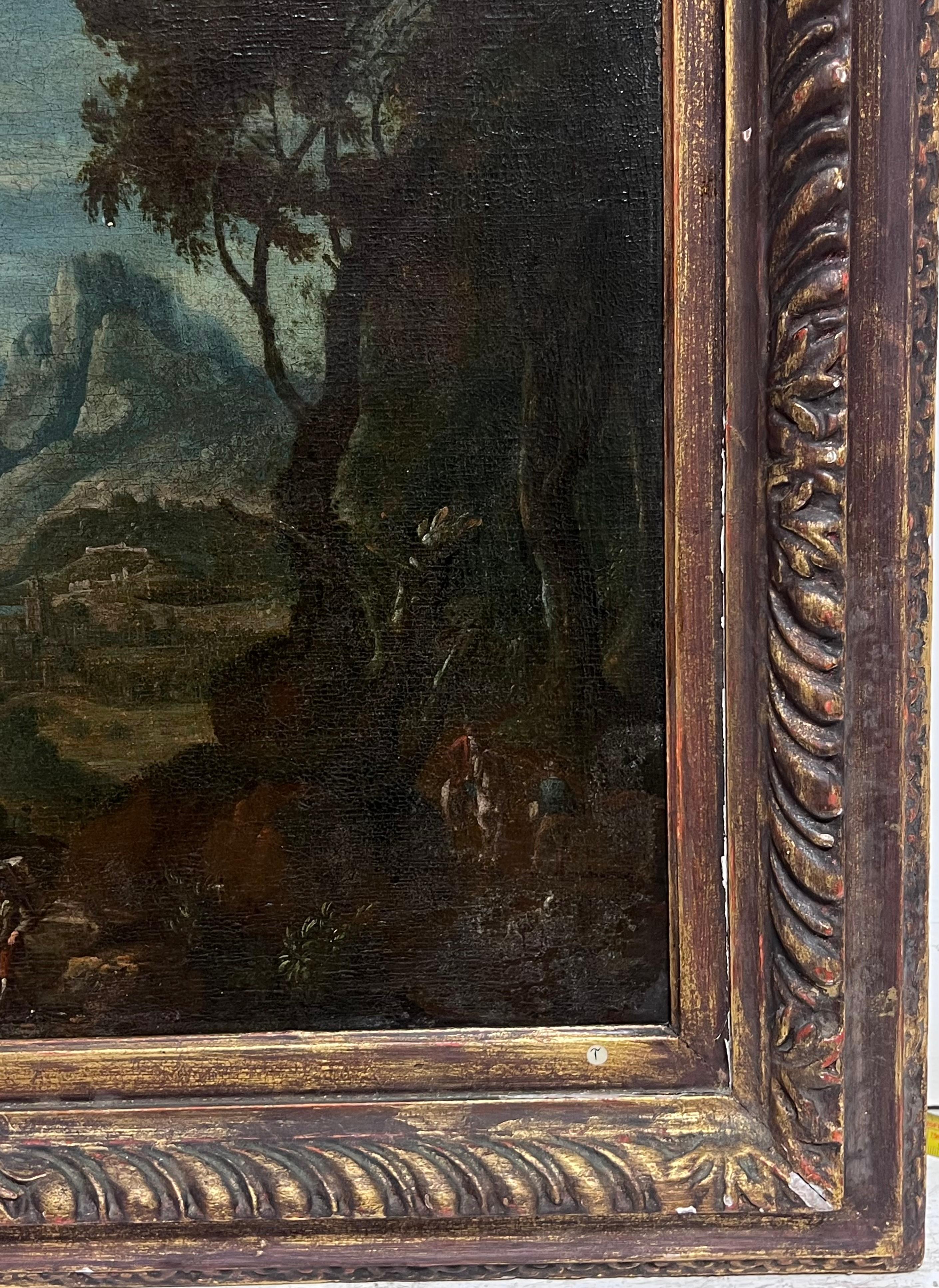 Belle peinture à l'huile de maître hollandaise du 17e siècle avec des voyageurs dans un paysage ancien - Painting de Jan Griffier