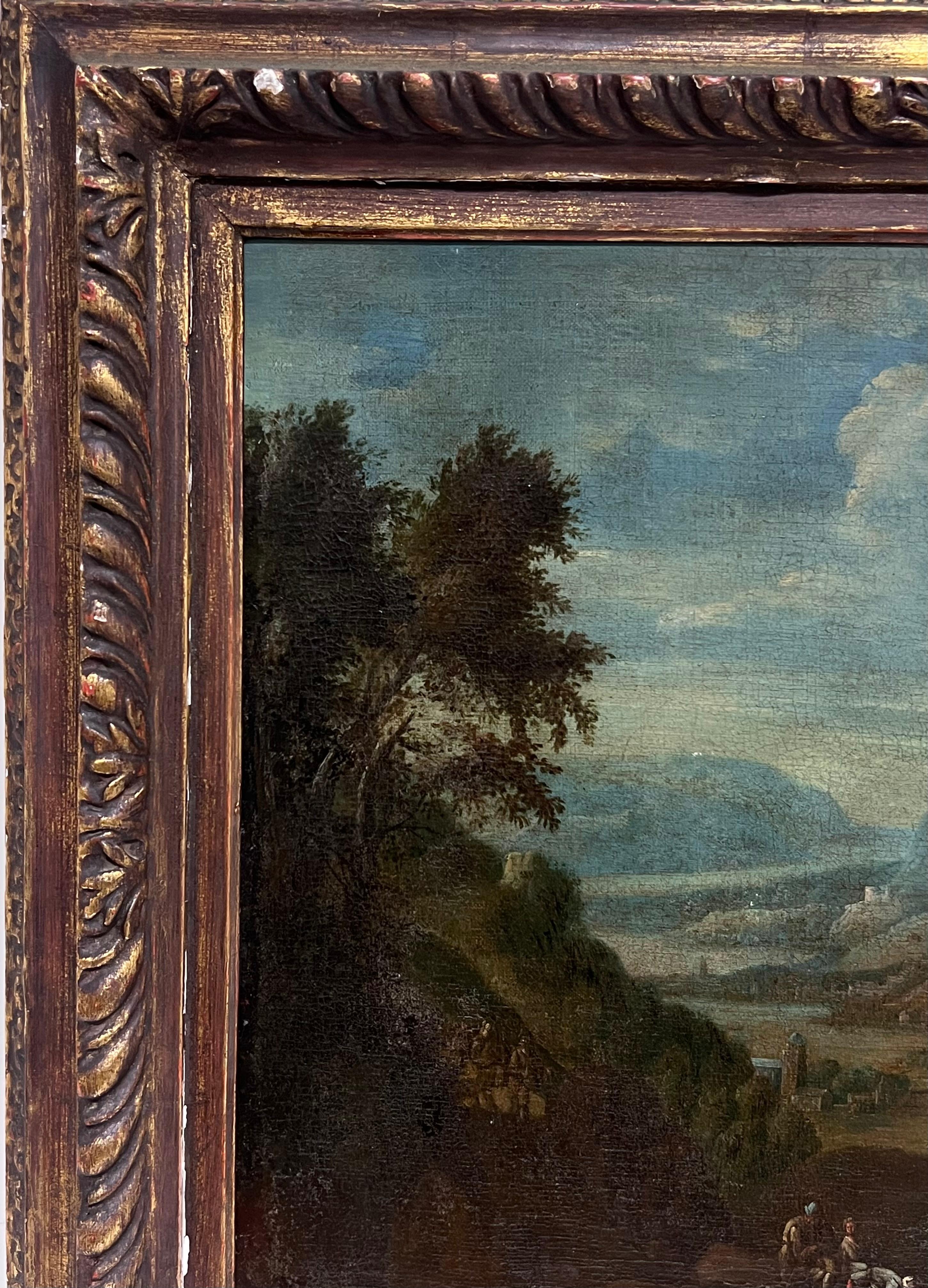 Belle peinture à l'huile de maître hollandaise du 17e siècle avec des voyageurs dans un paysage ancien - Maîtres anciens Painting par Jan Griffier