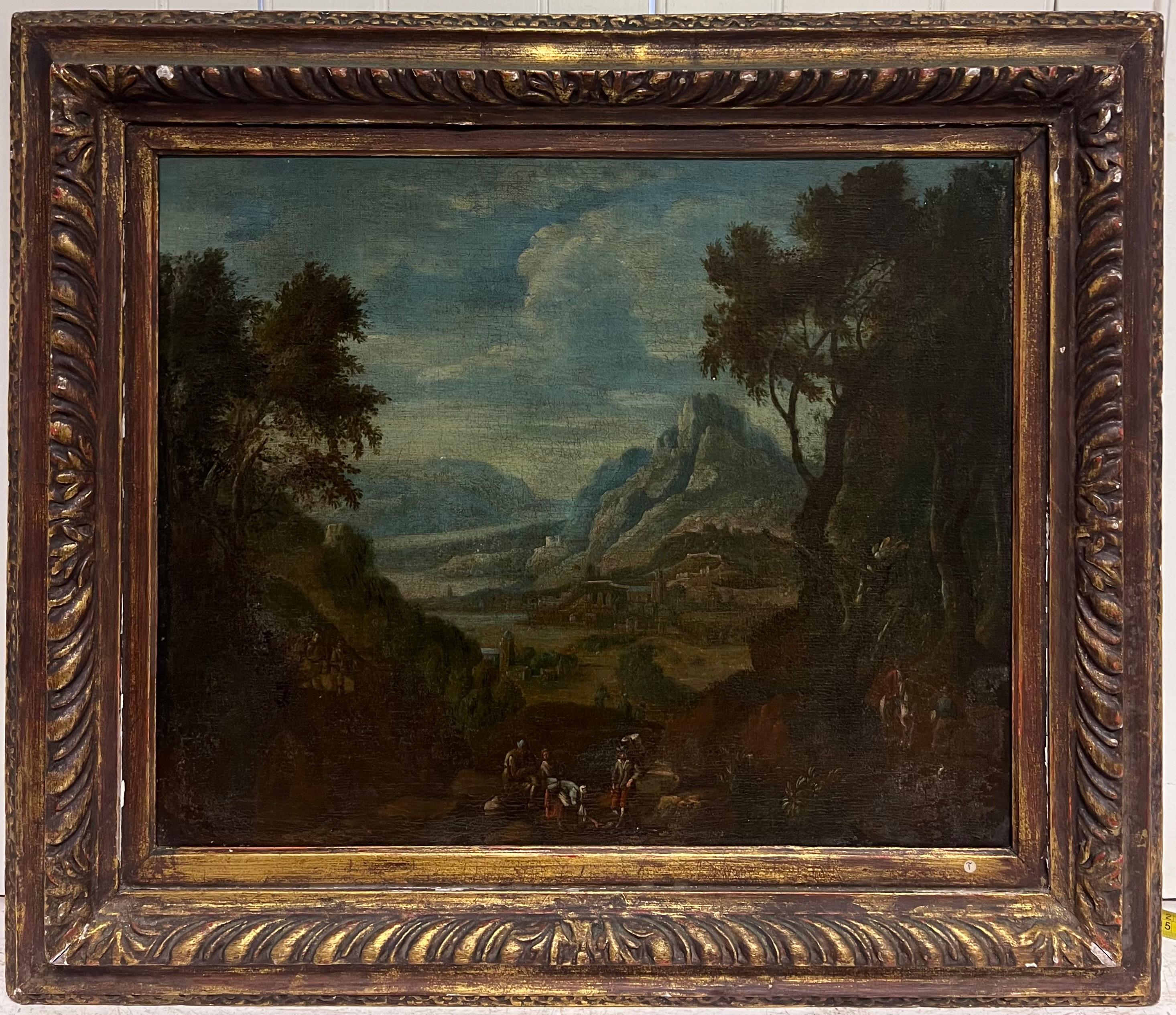 Belle peinture à l'huile de maître hollandaise du 17e siècle avec des voyageurs dans un paysage ancien - Noir Landscape Painting par Jan Griffier