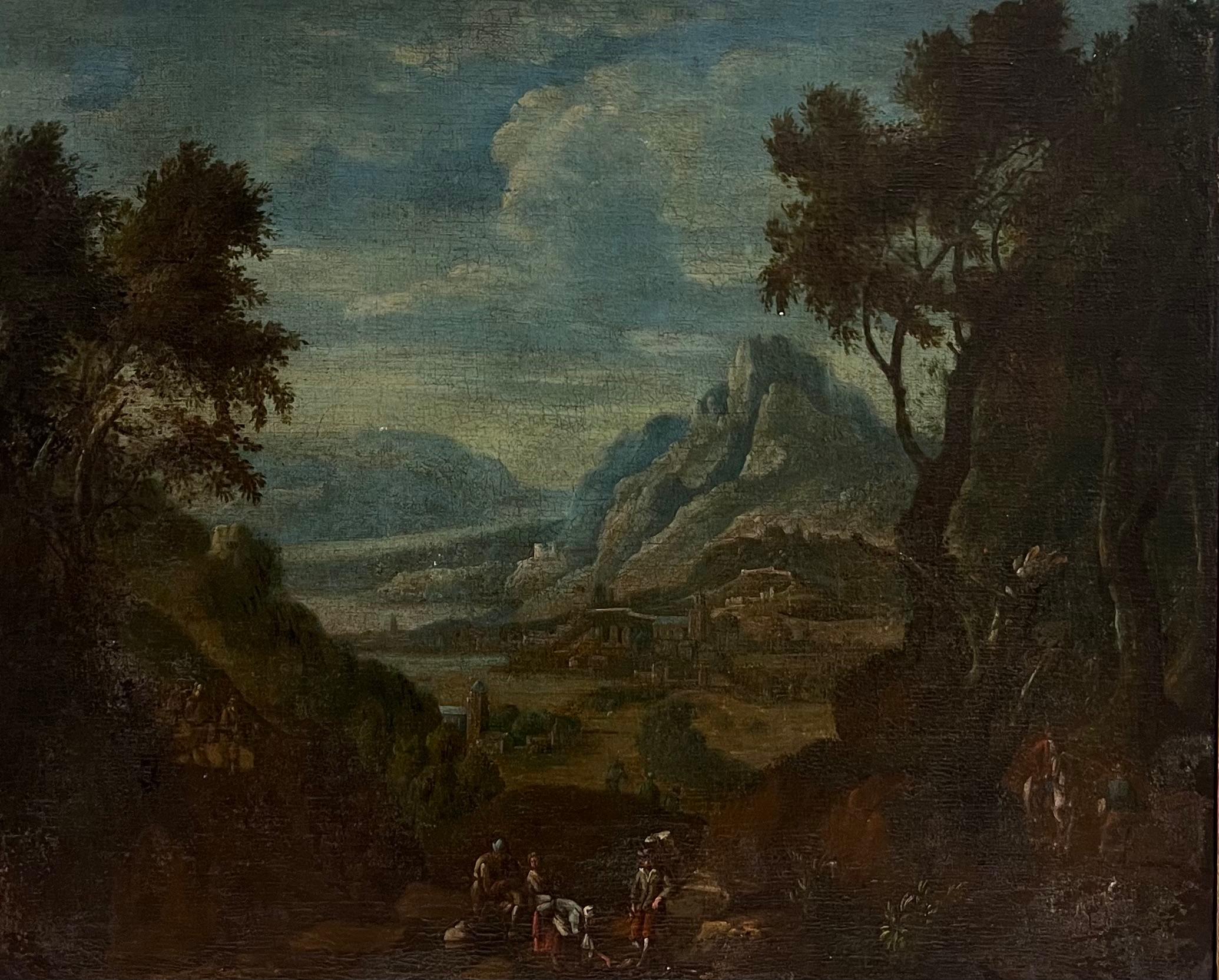 Voyageurs dans un paysage ancien
Néerlandais, fin du XVIIe siècle
Cercle de Jan Griffier (1652-1718) Néerlandais 
huile sur toile, encadrée dans un cadre antique doré.
encadré : 26 x 30 pouces
toile : 19 x 23 pouces
Collectional : collection privée,
