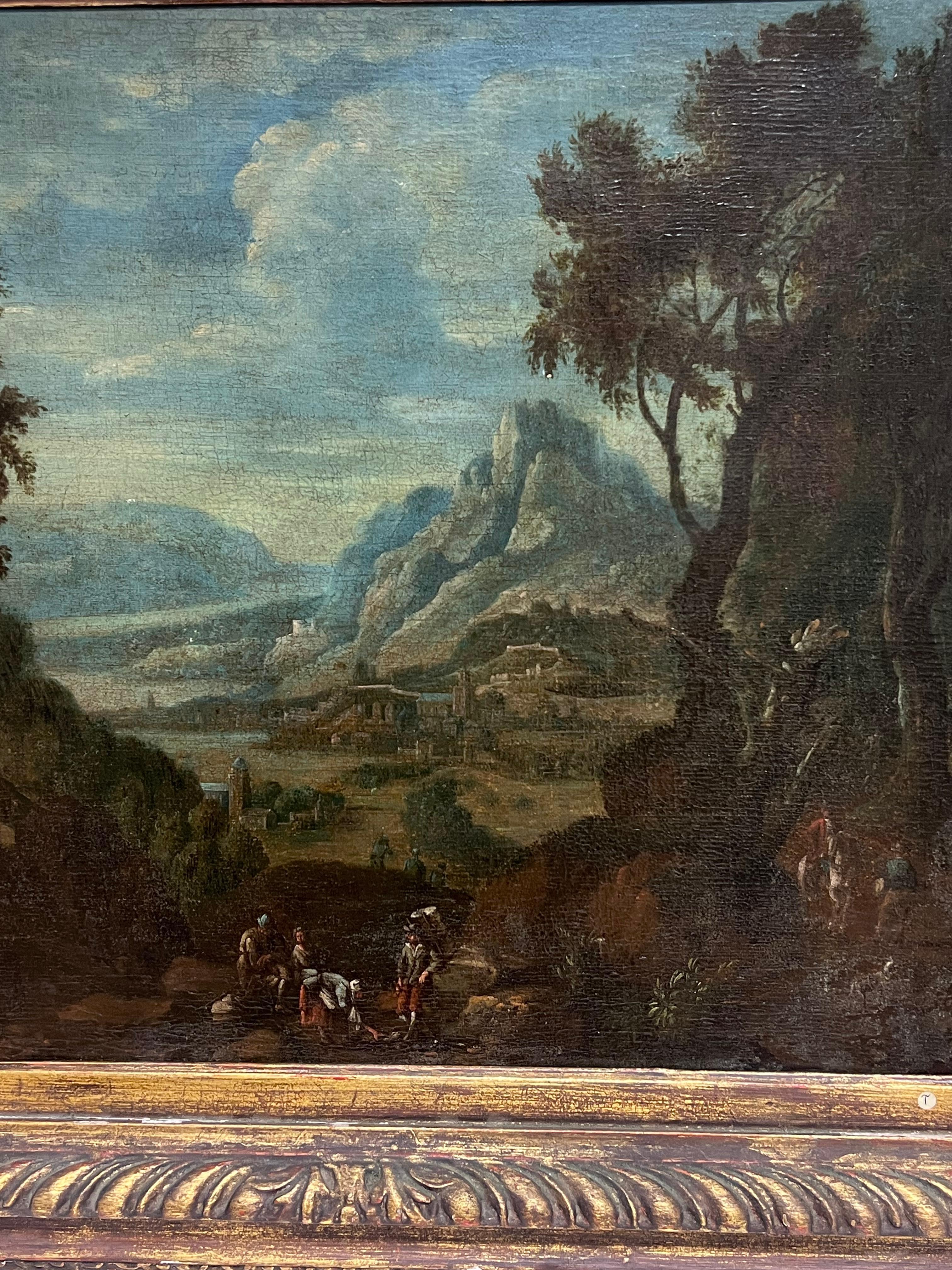 Belle peinture à l'huile de maître hollandaise du 17e siècle avec des voyageurs dans un paysage ancien en vente 2