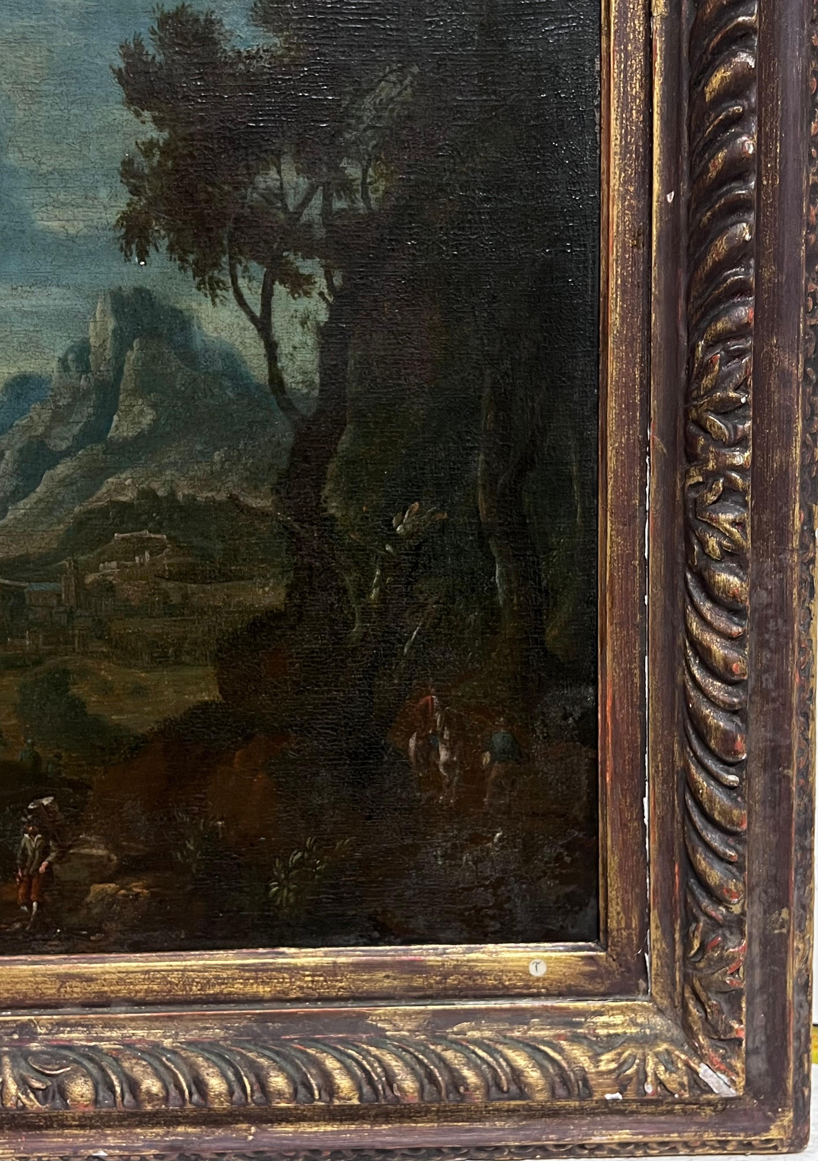 Belle peinture à l'huile de maître hollandaise du 17e siècle avec des voyageurs dans un paysage ancien en vente 3