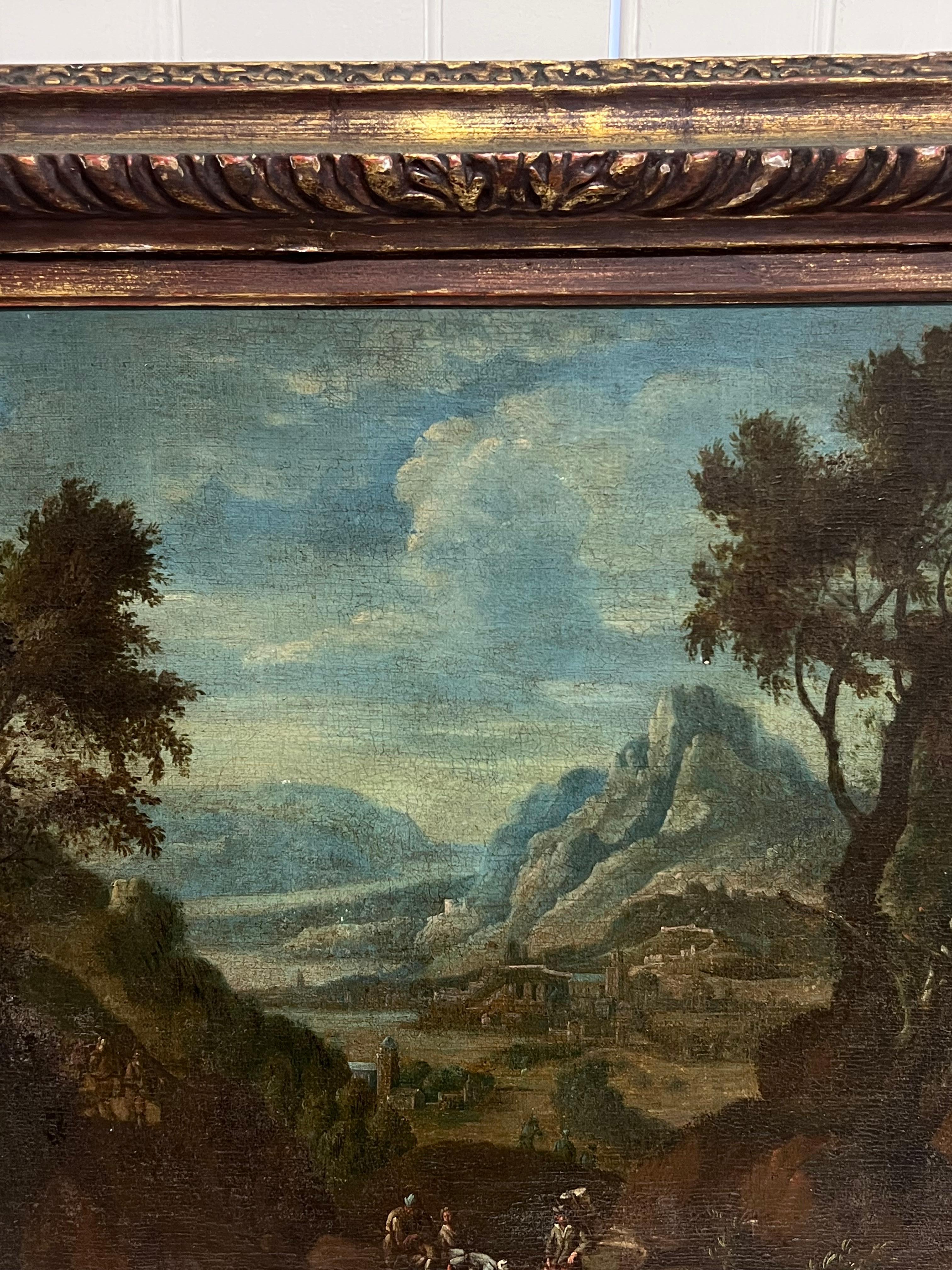 Belle peinture à l'huile de maître hollandaise du 17e siècle avec des voyageurs dans un paysage ancien en vente 4