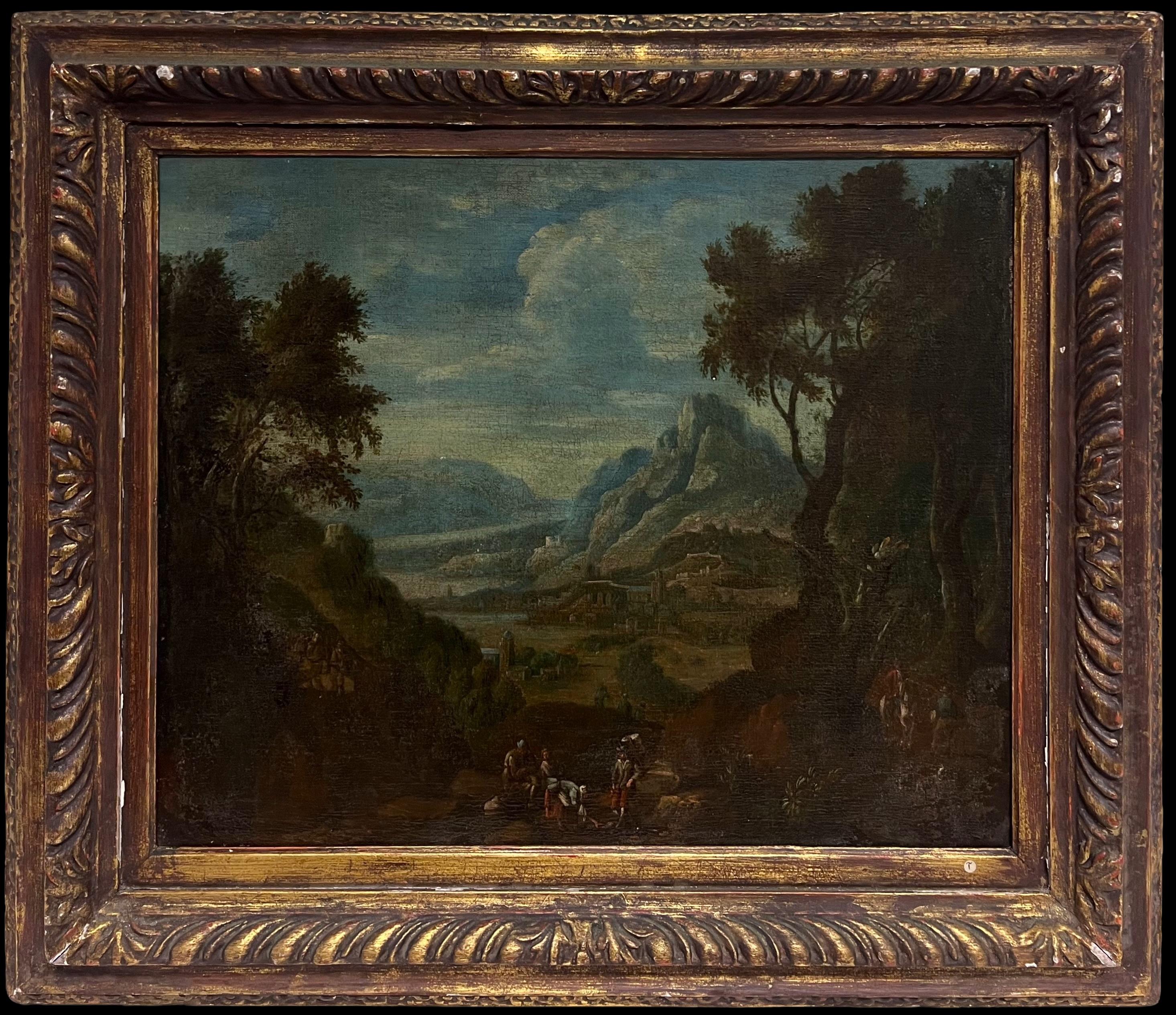 Landscape Painting Jan Griffier - Belle peinture à l'huile de maître hollandaise du 17e siècle avec des voyageurs dans un paysage ancien