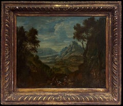 Pregevole dipinto ad olio del XVII secolo olandese Golden Old Master Viaggiatori in un paesaggio antico