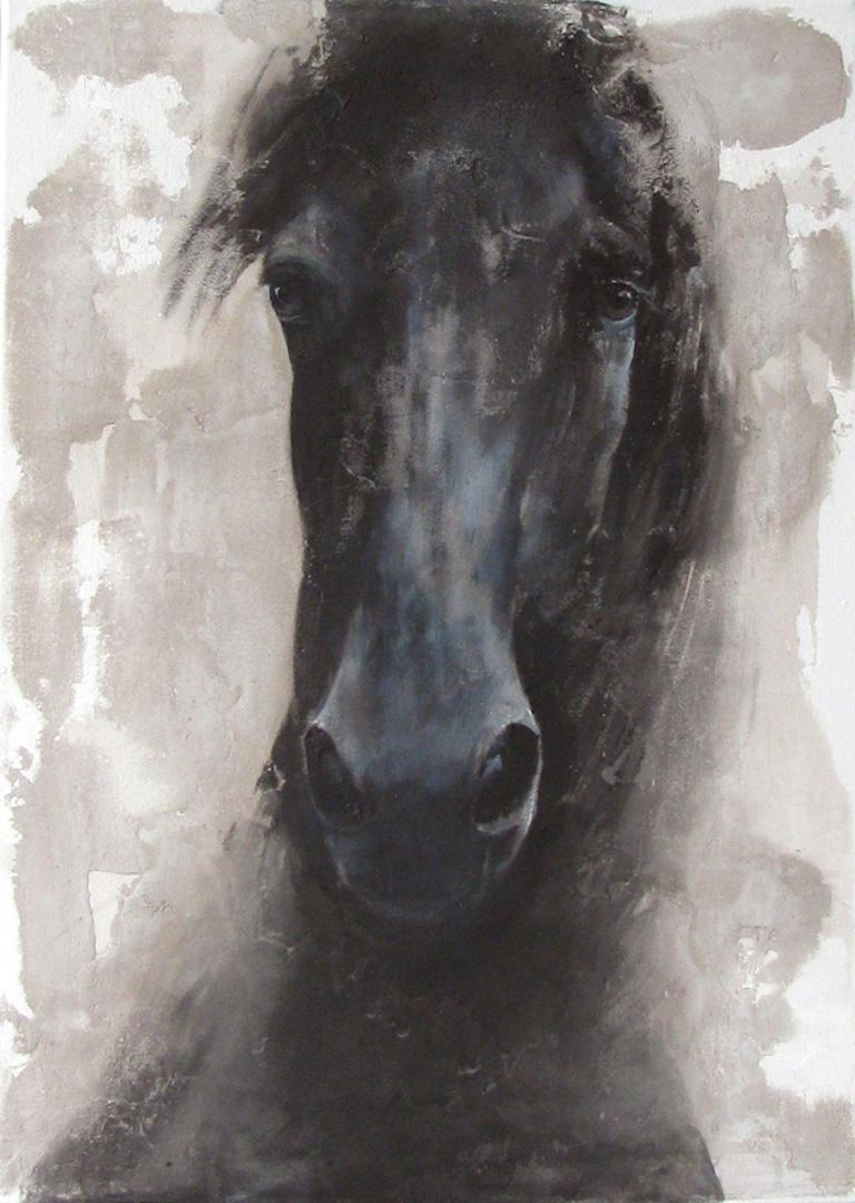 Jan Grotenbreg Figurative Painting - ''Black Horse'' Dutch Contemporary Fresco Painting with a Black Horse