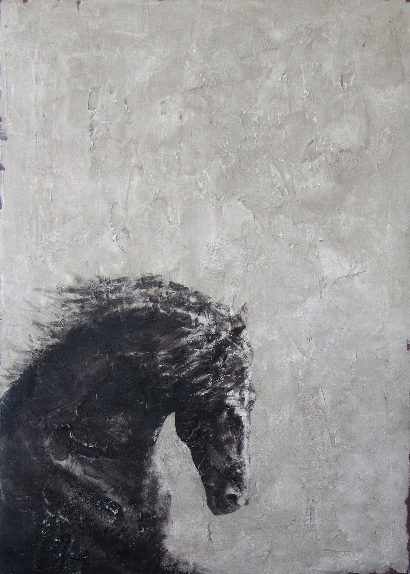 Jan Grotenbreg Animal Painting - ''Black Horse' Dutch Contemporary Fresco Painting with a Horse
