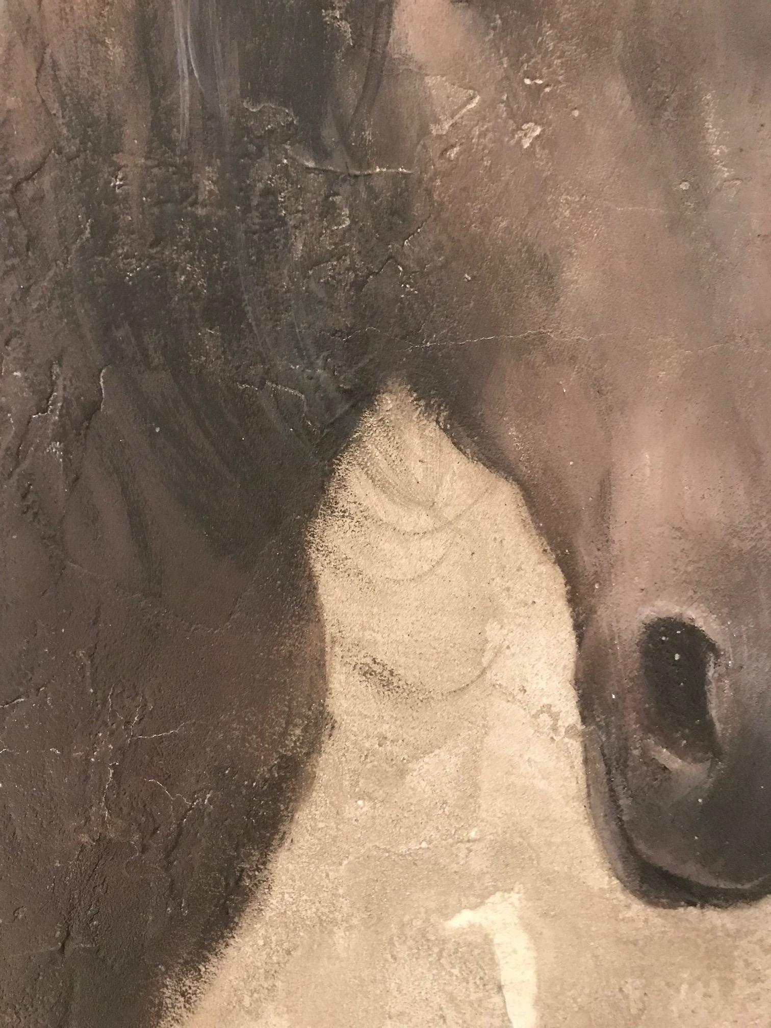 'Brown Beauty' Dutch Contemporary Fresco Painting with a Horse - Gray Animal Painting by Jan Grotenbreg