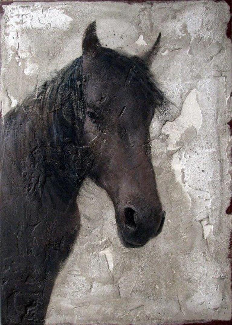 Jan Grotenbreg Animal Painting - 'Brown Beauty' Dutch Contemporary Fresco Painting with a Horse