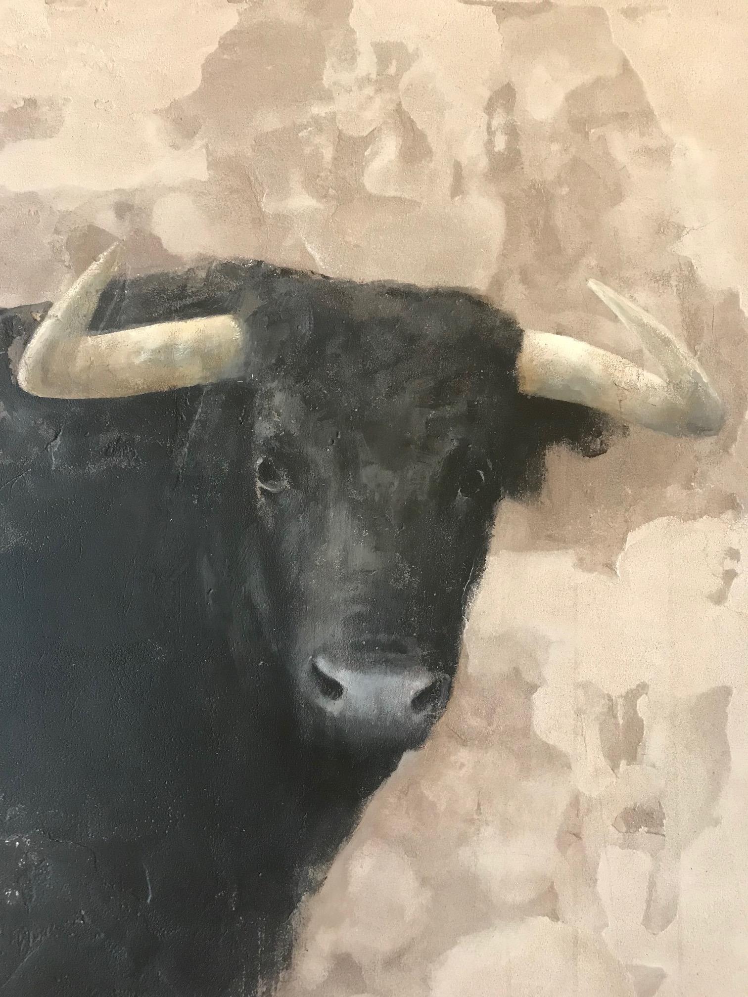 Peinture contemporaine néerlandaise Fresco avec un taureau « Bull » - Gris Animal Painting par Jan Grotenbreg
