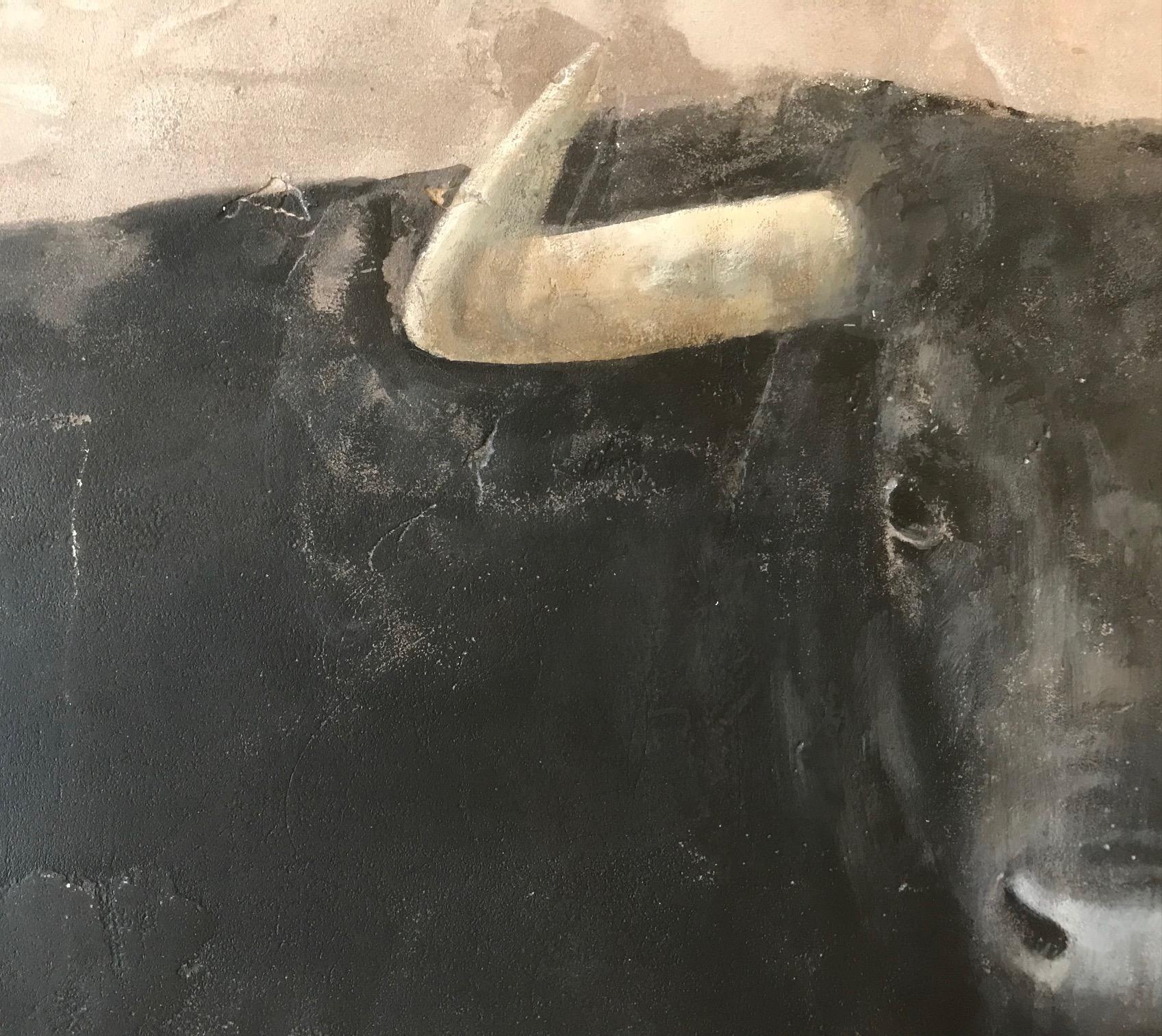 ''Bull'' Dutch Contemporary Fresco Painting with a Bull - Gray Animal Painting by Jan Grotenbreg