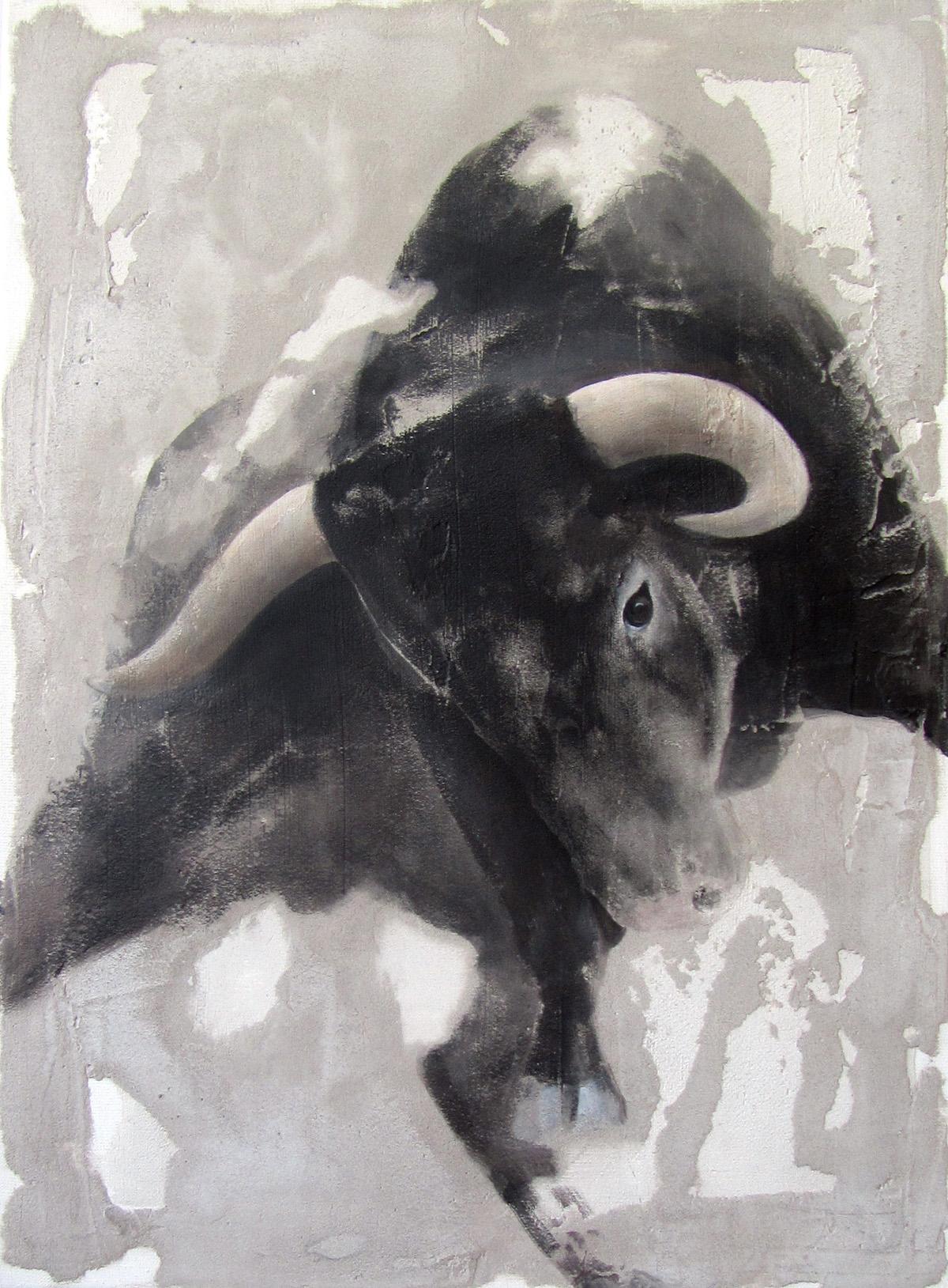 Jan Grotenbreg Animal Painting - ''Bull'' Dutch Contemporary Fresco Painting with a Bull in Movement