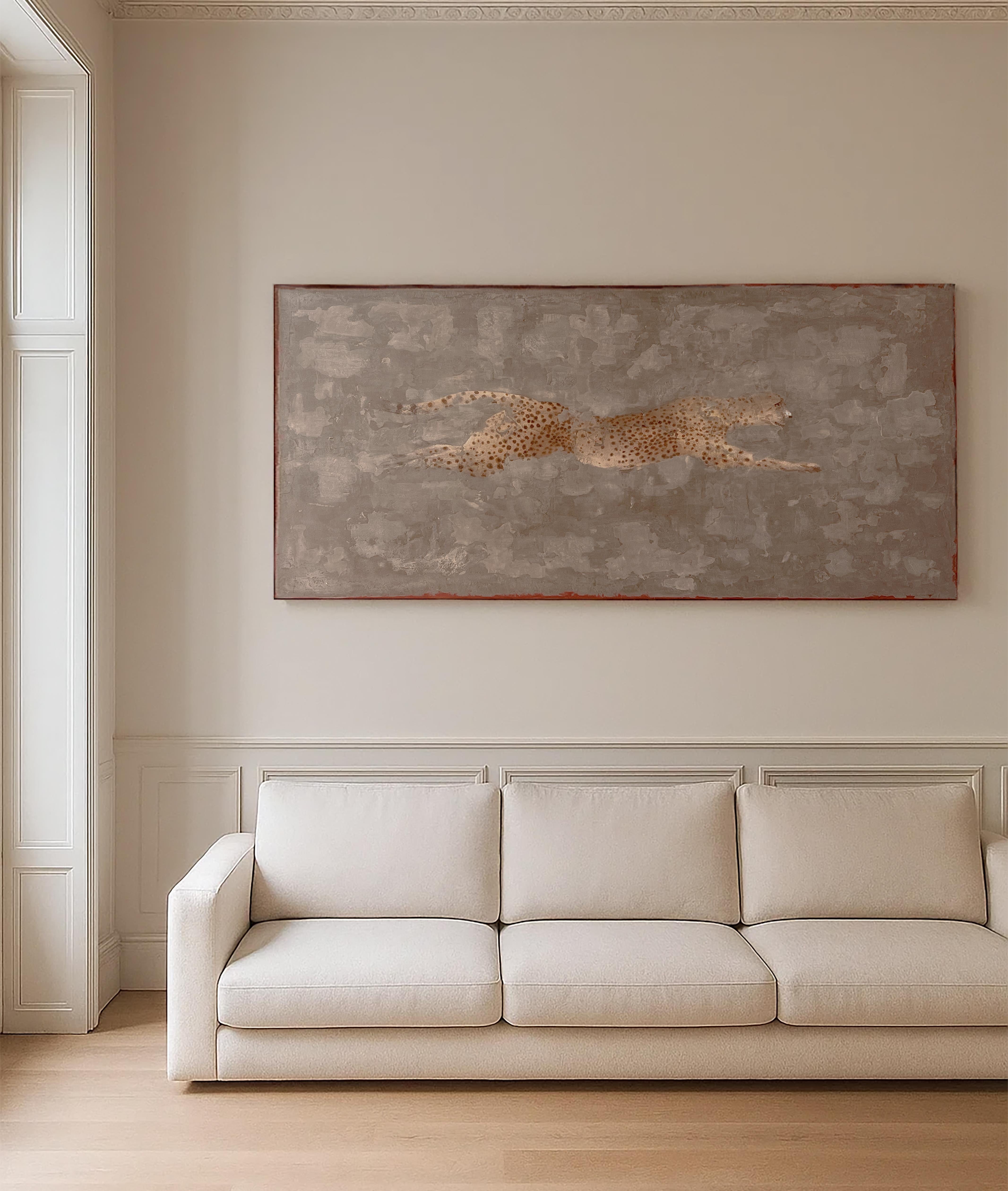 'Guepardo' Pintura al fresco contemporánea holandesa de un guepardo, marrón, beige, rojo en venta 5