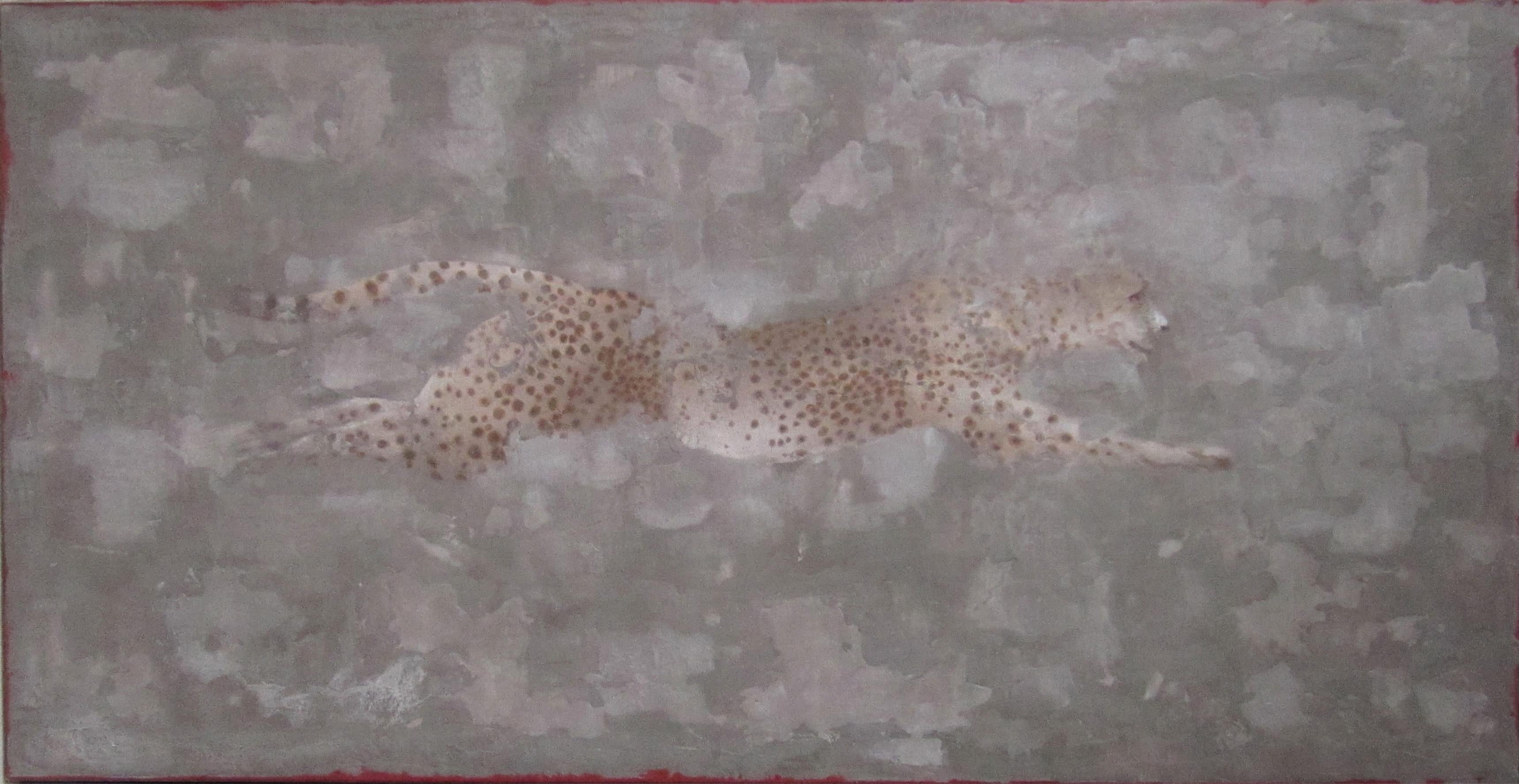 Figurative Painting di Jan Grotenbreg - Affresco olandese contemporaneo raffigurante un ghepardo, marrone, beige e rosso