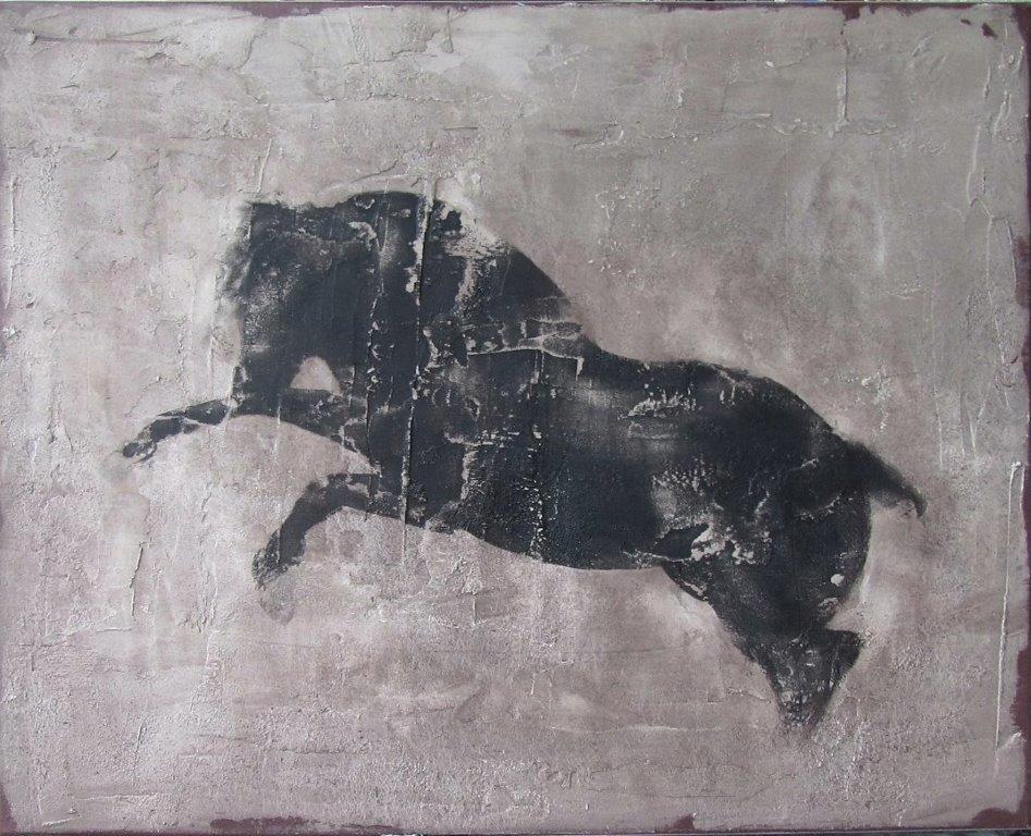 Jan Grotenbreg Animal Painting - 'Dark Horse' Dutch Contemporary Fresco Painting with a Horse