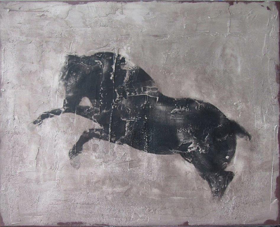 Animal Painting de Jan Grotenbreg - Caballo oscuro" Pintura al fresco contemporánea holandesa con un caballo