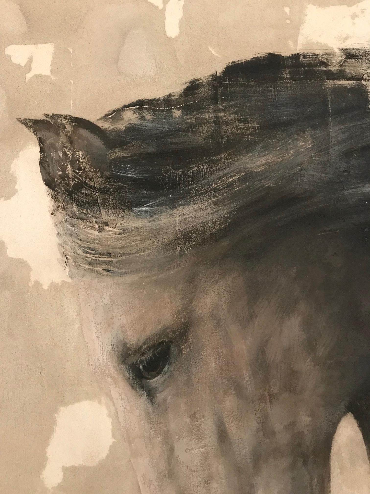 'Grey Horse' Dutch Contemporary Fresco Painting with a Horse - Gray Animal Painting by Jan Grotenbreg