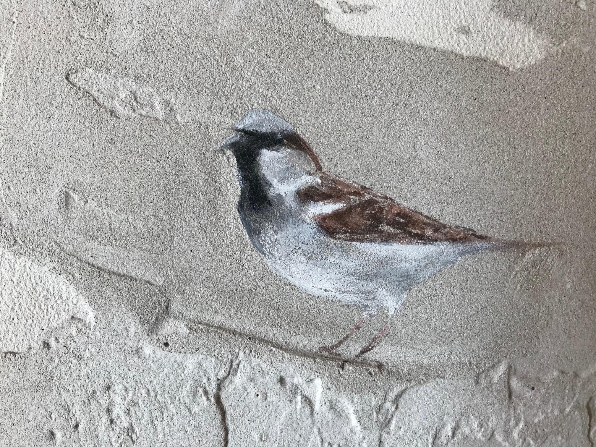 ''Sparrow'' Dutch Contemporary Fresco Painting with Sparrow, Birds - Gray Animal Painting by Jan Grotenbreg