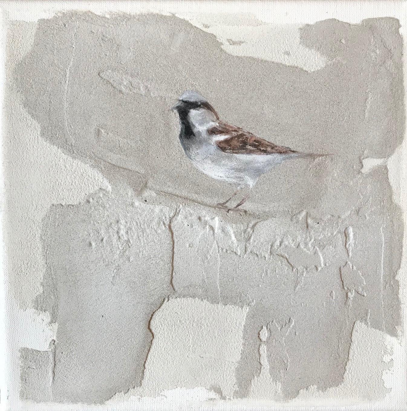 Jan Grotenbreg Animal Painting - ''Sparrow'' Dutch Contemporary Fresco Painting with Sparrow, Birds