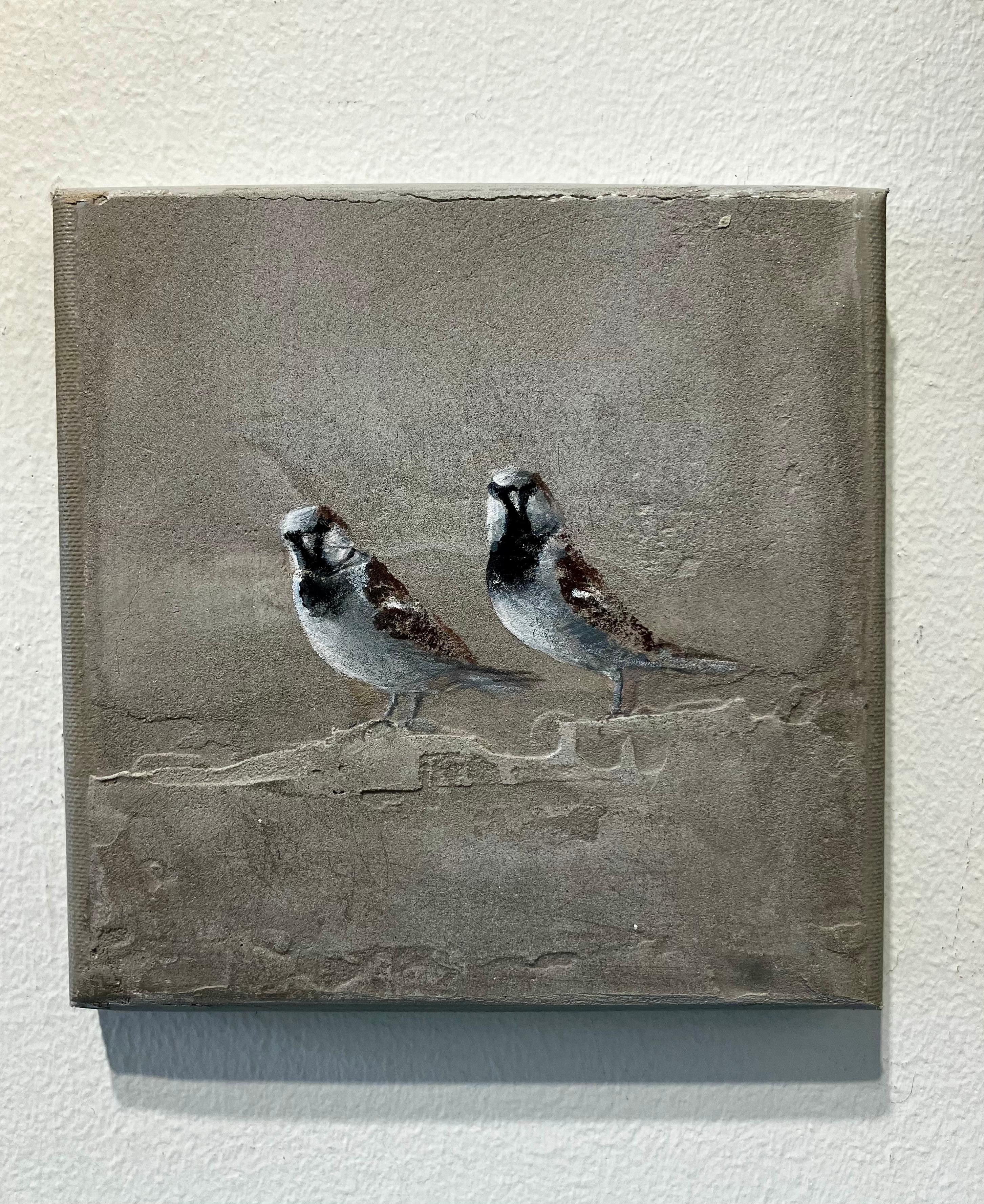 ''Sparrows'' Dutch Contemporary Fresco Painting with Two Sparrows, Birds - Gray Animal Painting by Jan Grotenbreg