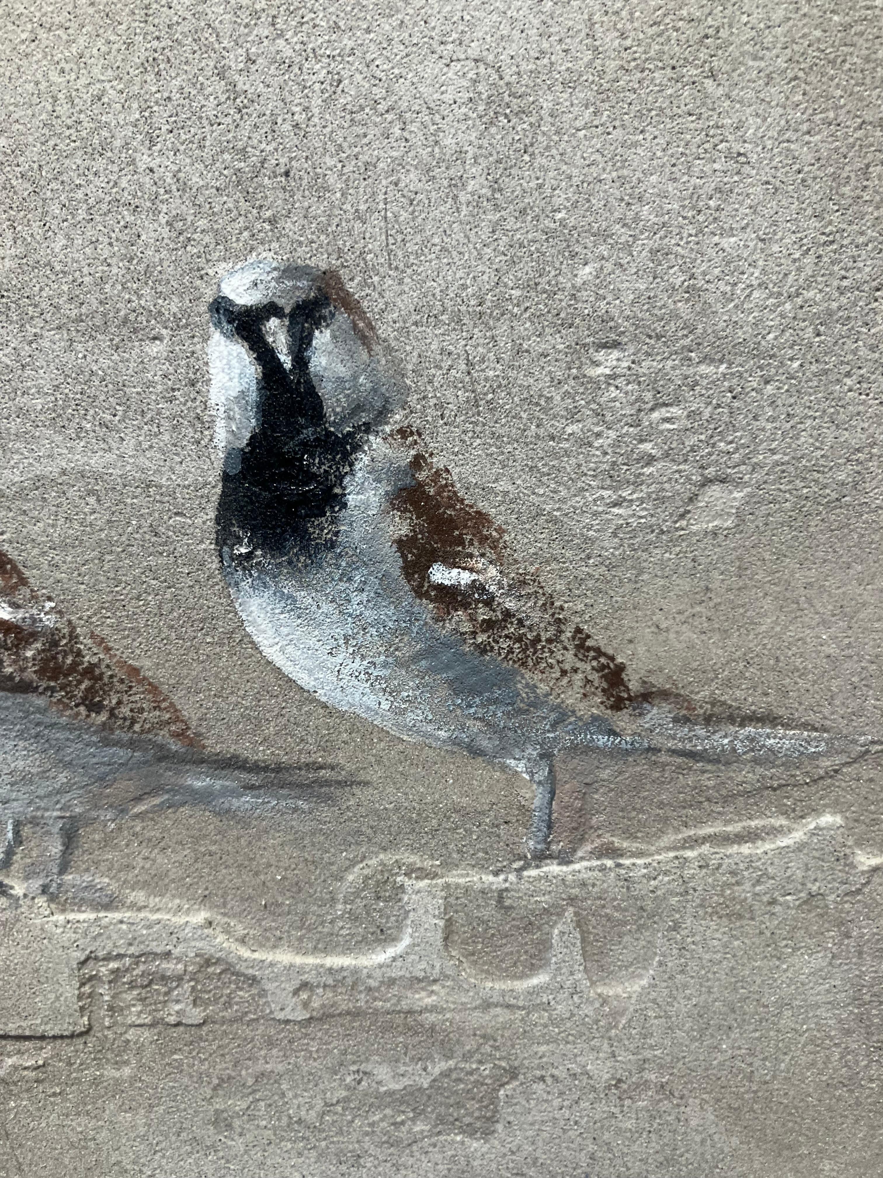 ''Sparrows'' Dutch Contemporary Fresco Painting with Two Sparrows, Birds For Sale 3