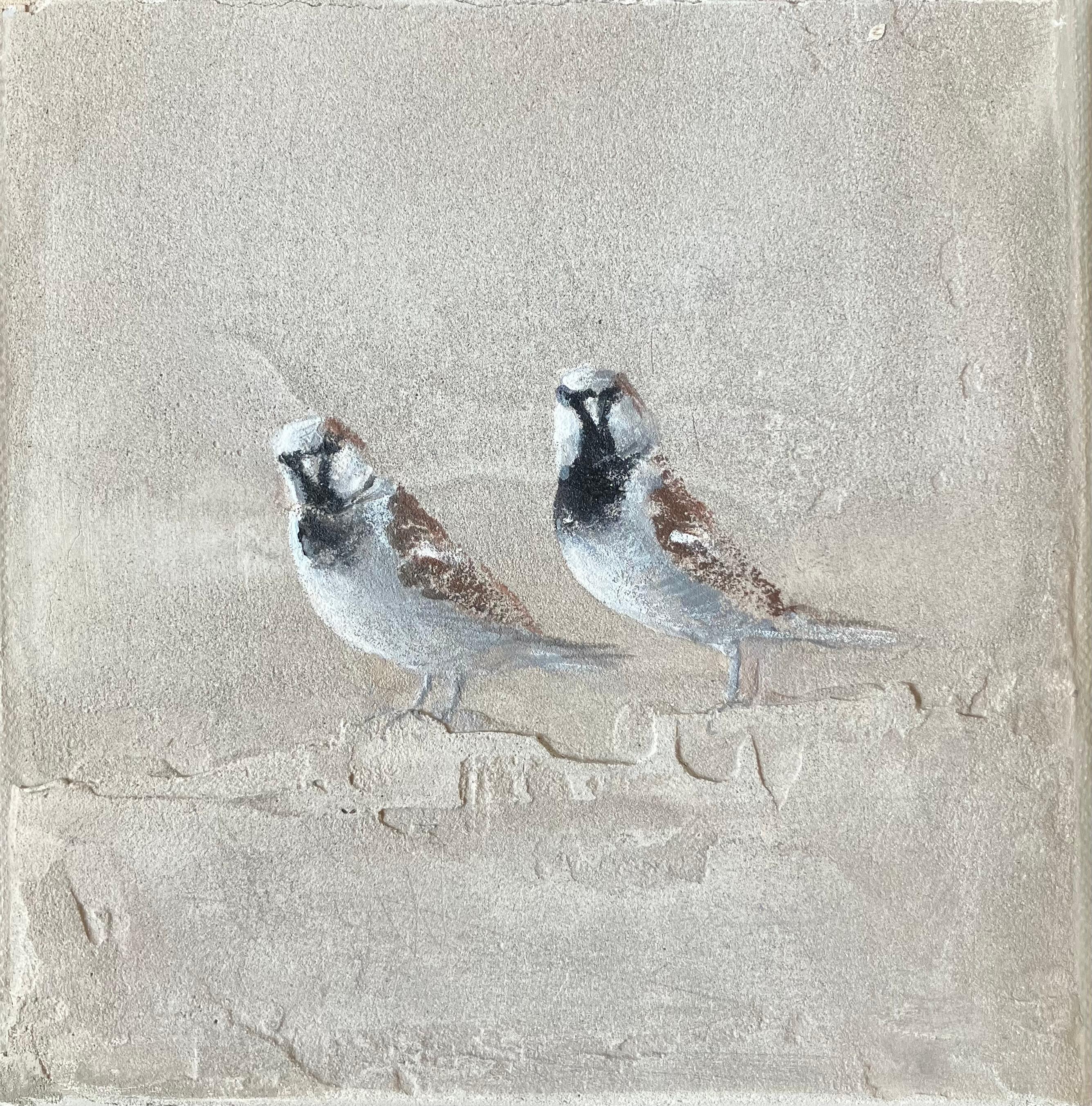 Jan Grotenbreg Animal Painting - ''Sparrows'' Dutch Contemporary Fresco Painting with Two Sparrows, Birds