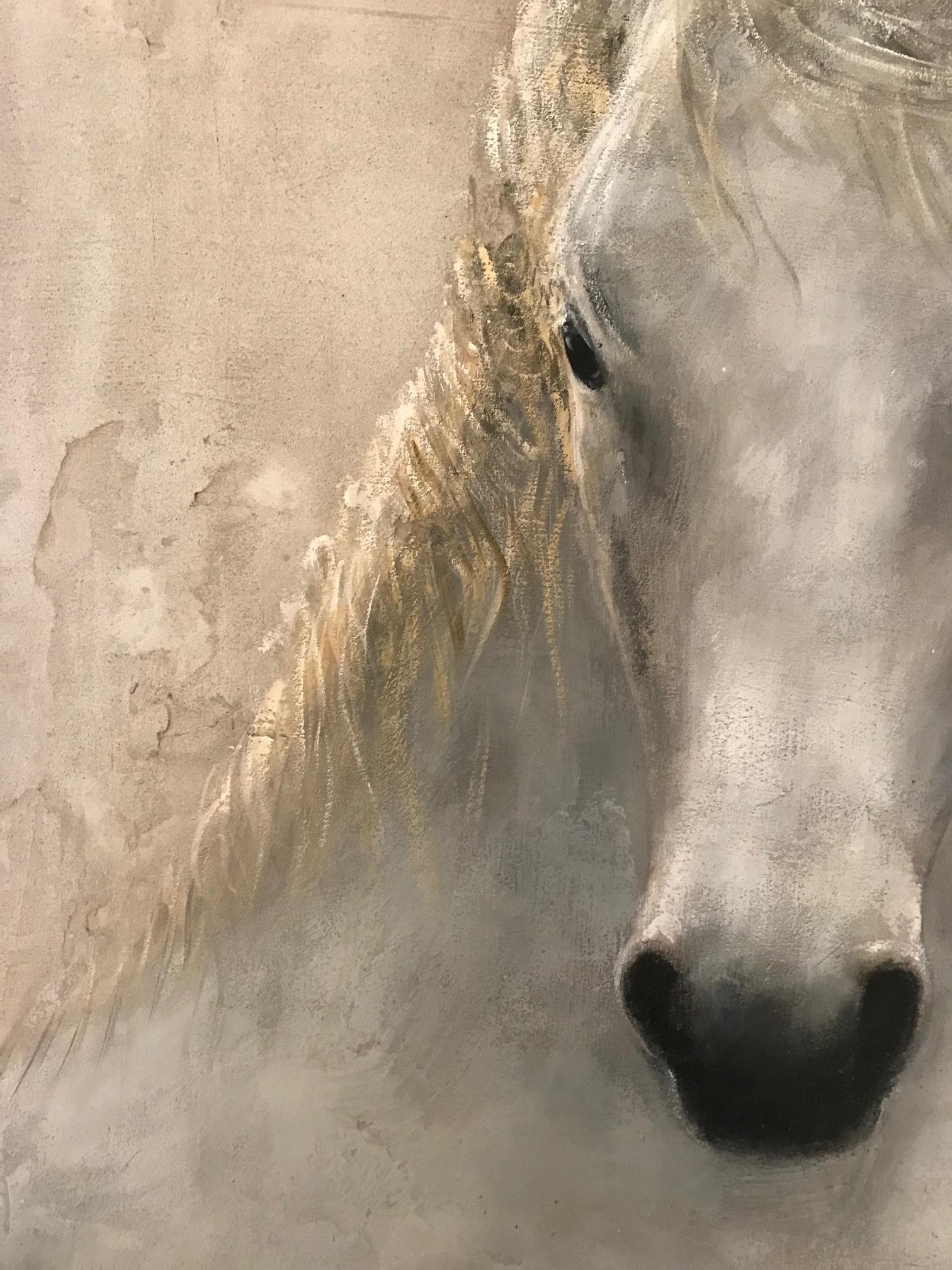 'White Horse' Dutch Contemporary Fresco Painting with a Horse - Gray Figurative Painting by Jan Grotenbreg