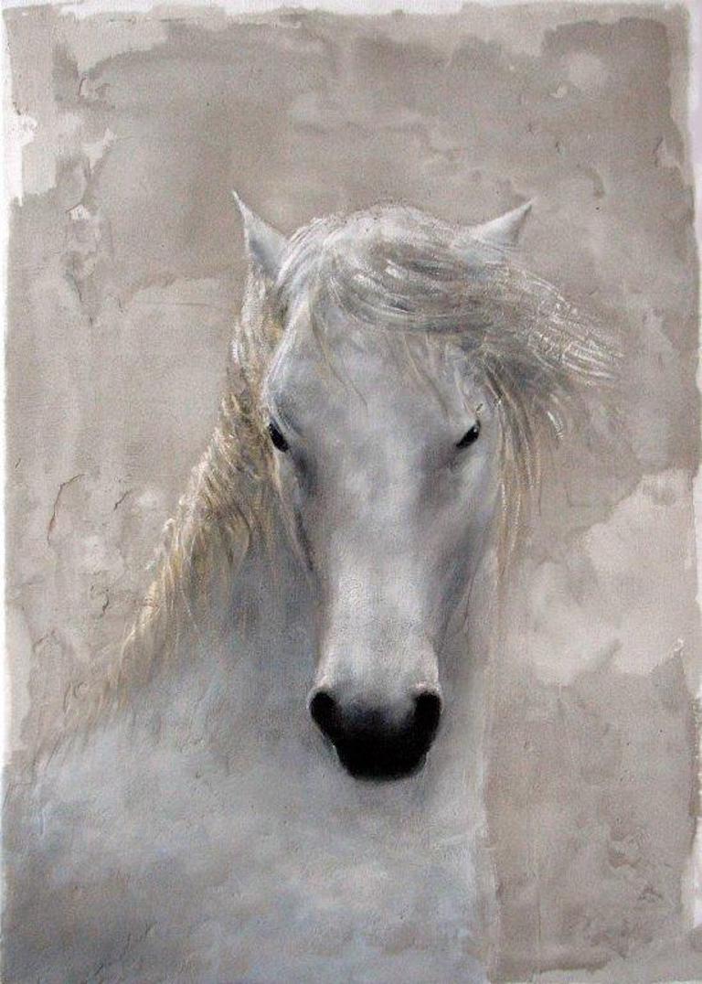 „Weißes Pferd“ Niederländisches zeitgenössisches Fresco-Gemälde mit einem Pferd