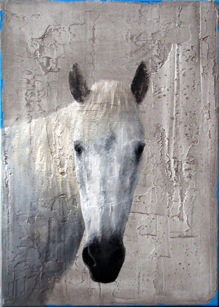 Jan Grotenbreg Animal Painting - ''White Horse'' Dutch Contemporary Fresco Painting with a White Horse