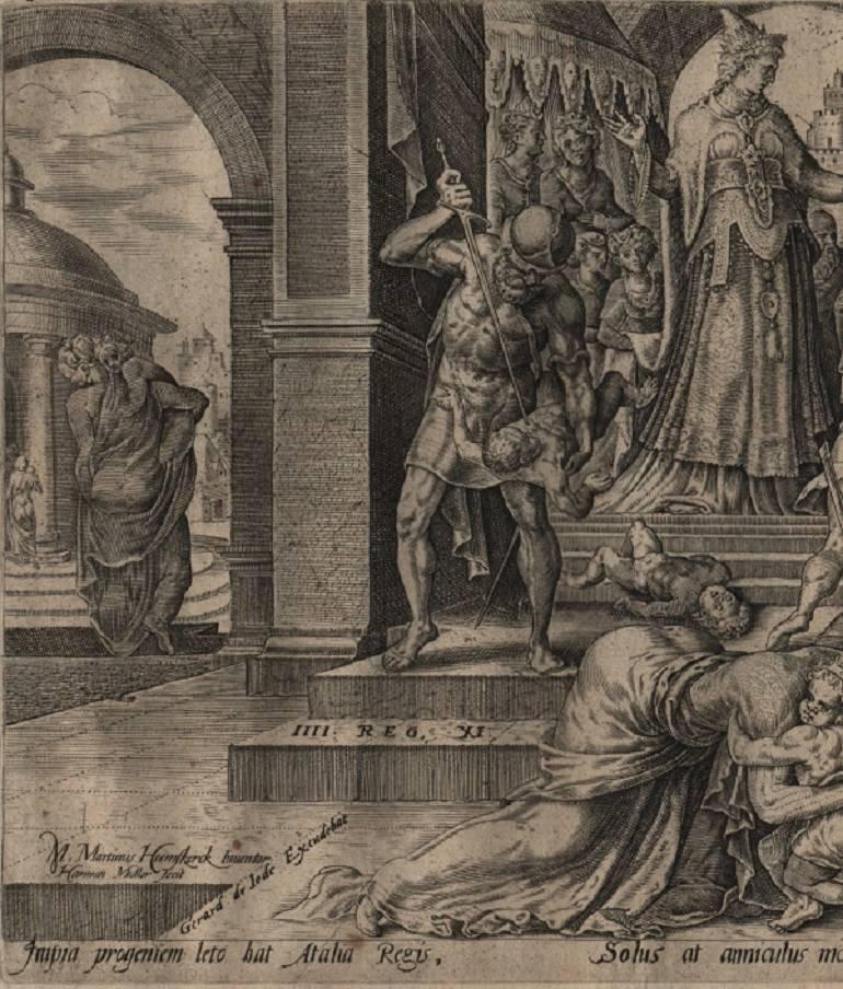 Joash and Queen Athaliah - 1567 Old Master Engraving Religious - Print by Jan Harmensz Muller