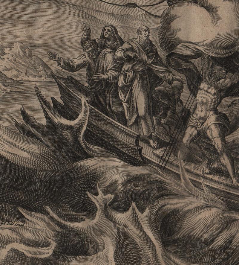 Miracle of Christ on the Sea - Framed Old Master 1574 / 1585 Engraving Religious - Northern Renaissance Print by Jan Harmensz Muller