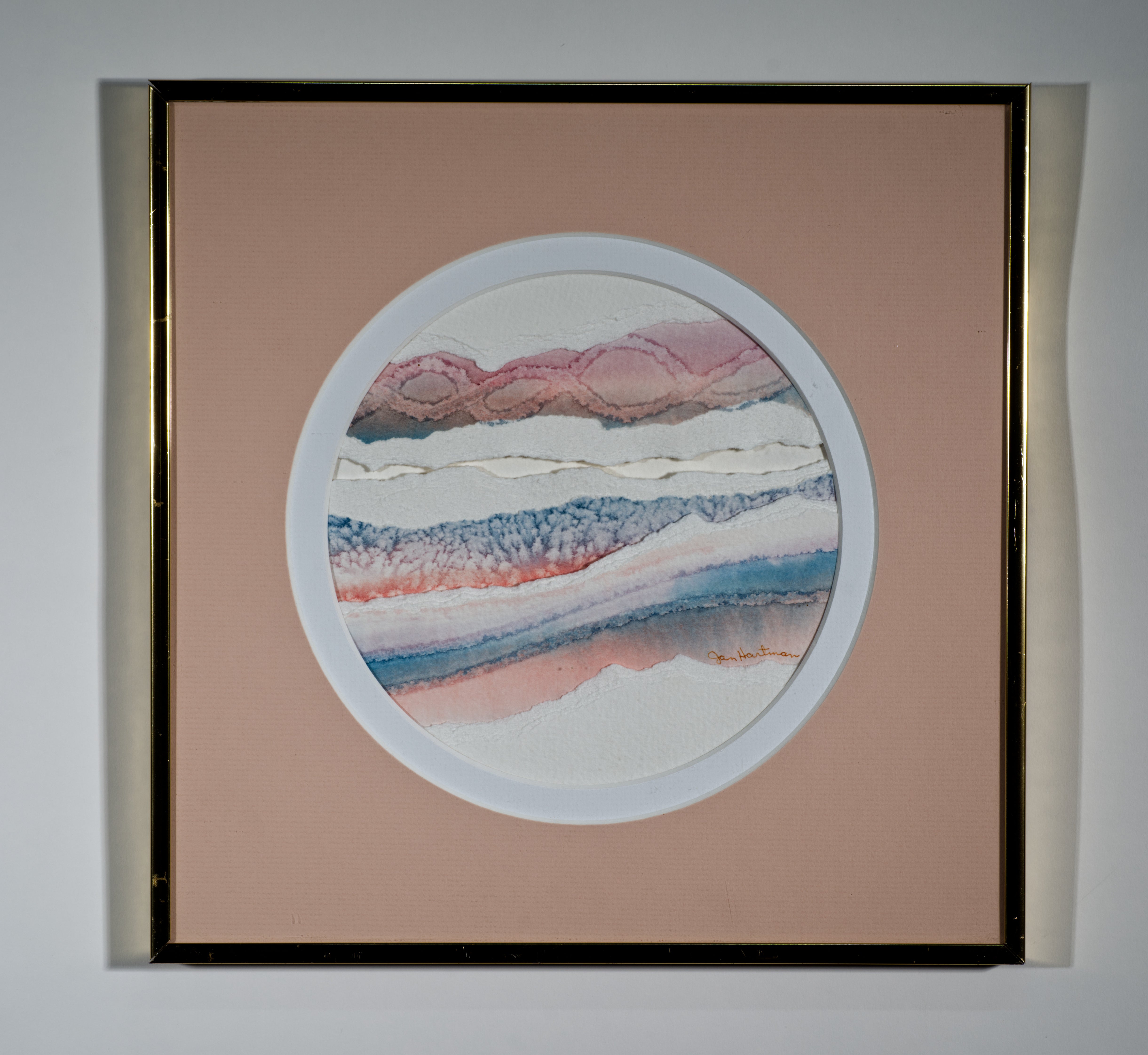 Vintage abstract landscape collage features an arrangement of watercolor on paper elements, forming a delicate textured composition, evocative of sunset.

The collage is signed by the artist; it comes in its original frame with double matting. Light