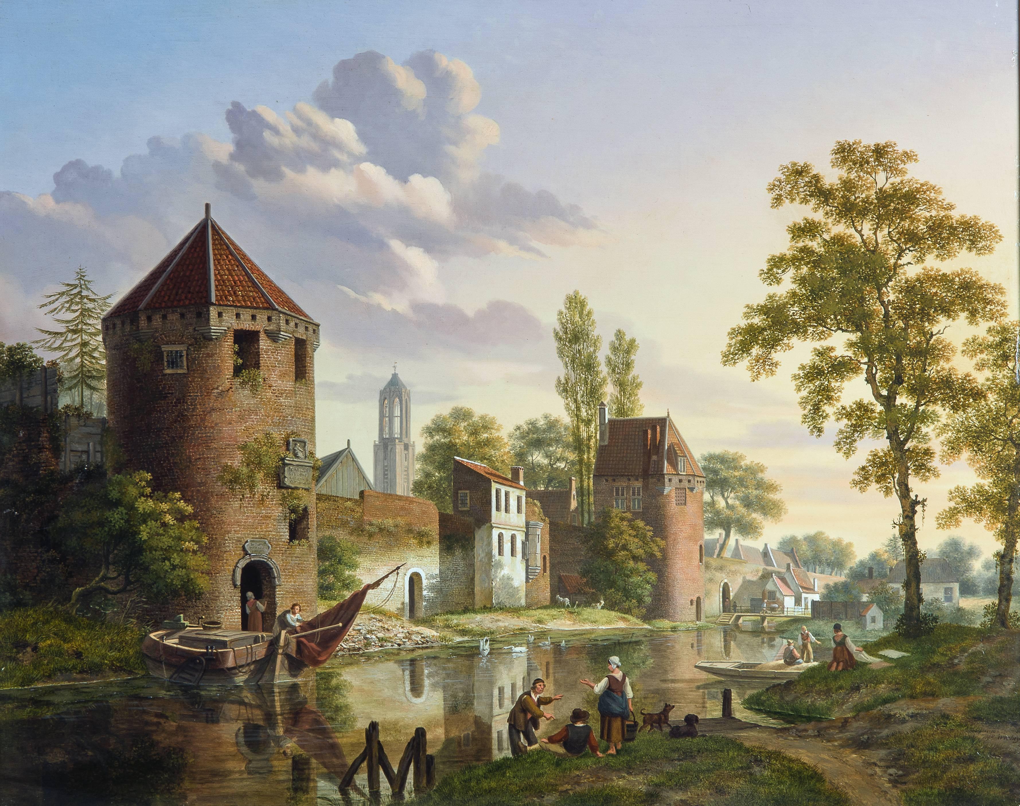Verheyen, Jan Hendrik Figurative Painting - City wall along the canal in Utrecht - Early 19th Century, Realist, Oil Painting