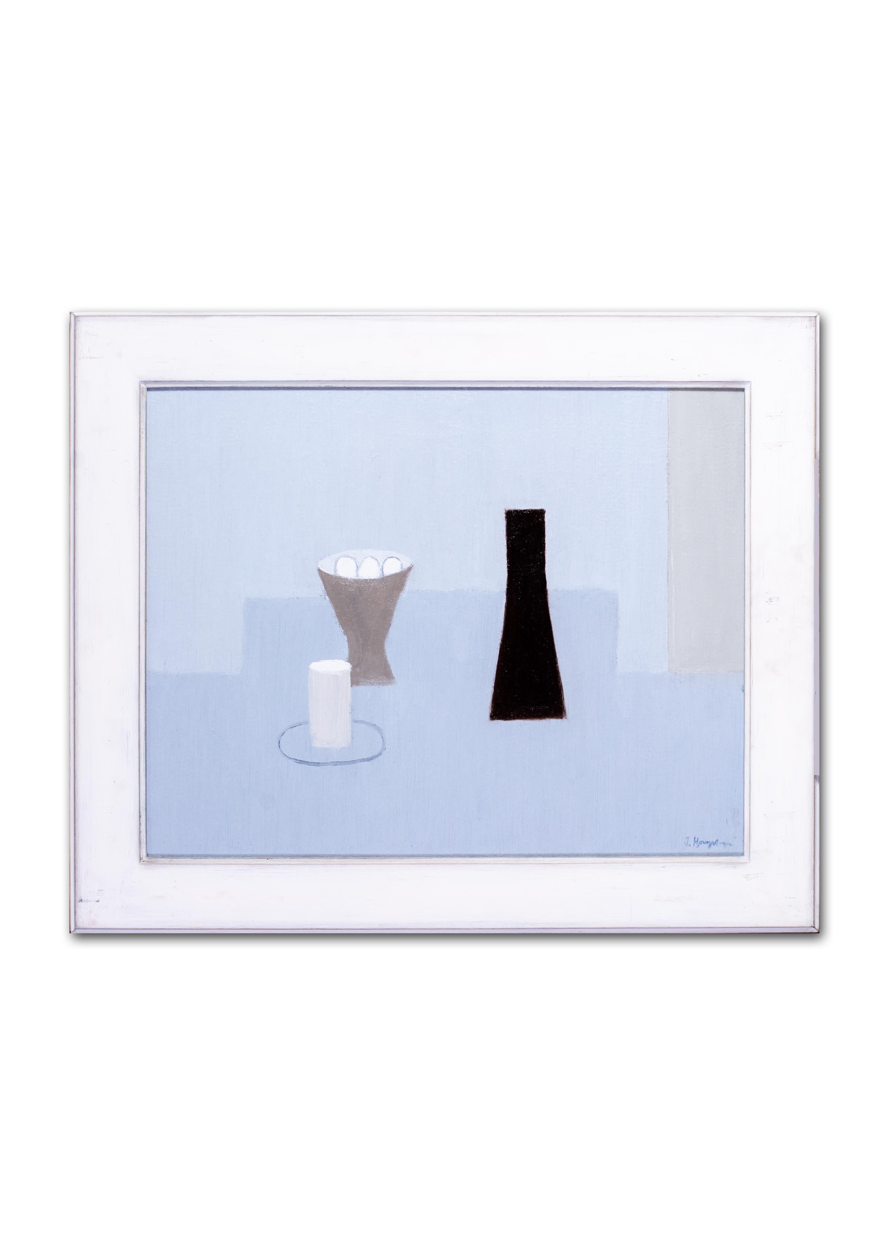Belgian 20th Century abstract still life on blues by Hoogsteyns - Gray Still-Life Painting by Jan Hoogsteyns 
