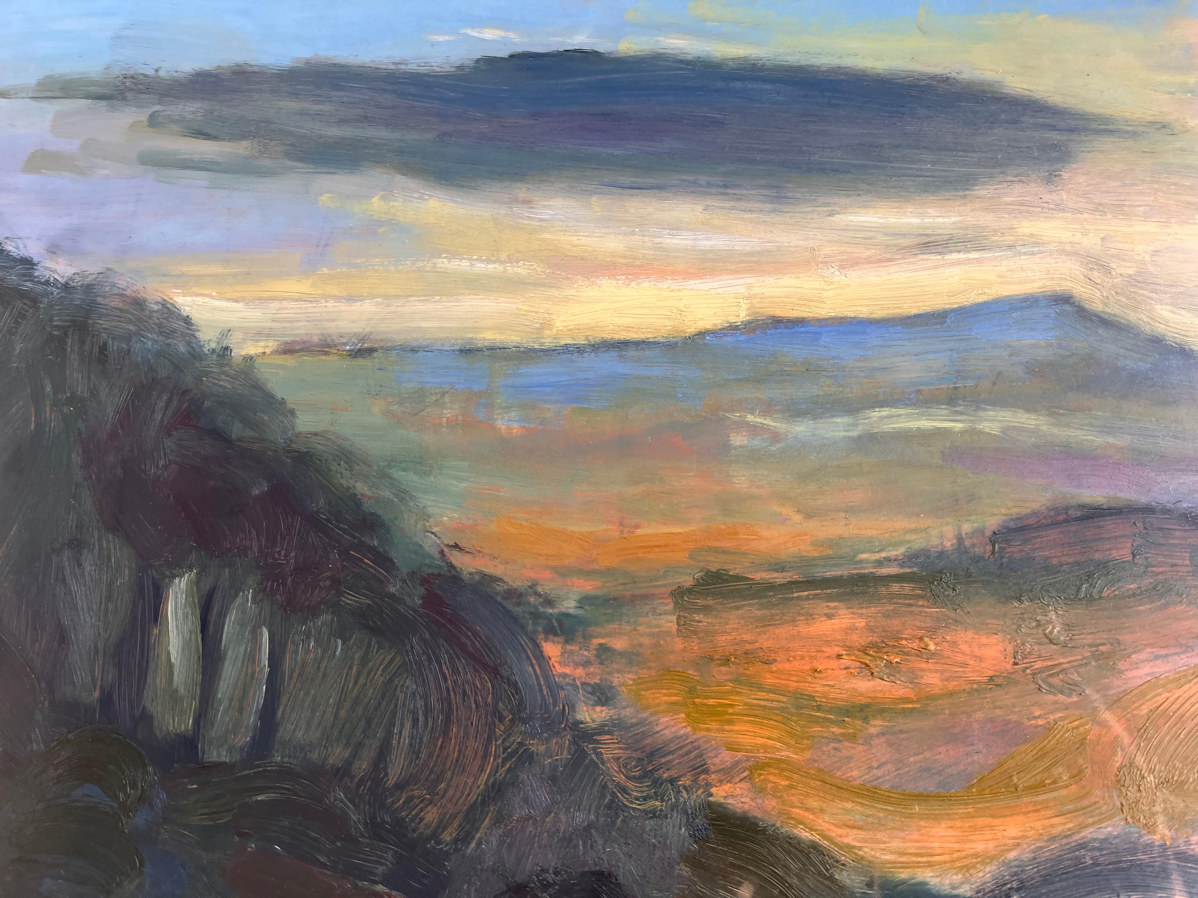 'BullBarrow  at Dusk' by Jan Howarth Jones. circa 2002. oil on board.
Oak glazed frame 52.5 cm x 52.5cm 
Painting 31cmx 34cm. 
A fine study of light and landscape in her native county of Dorset. Essentially J.H.J. is a plein air painter that