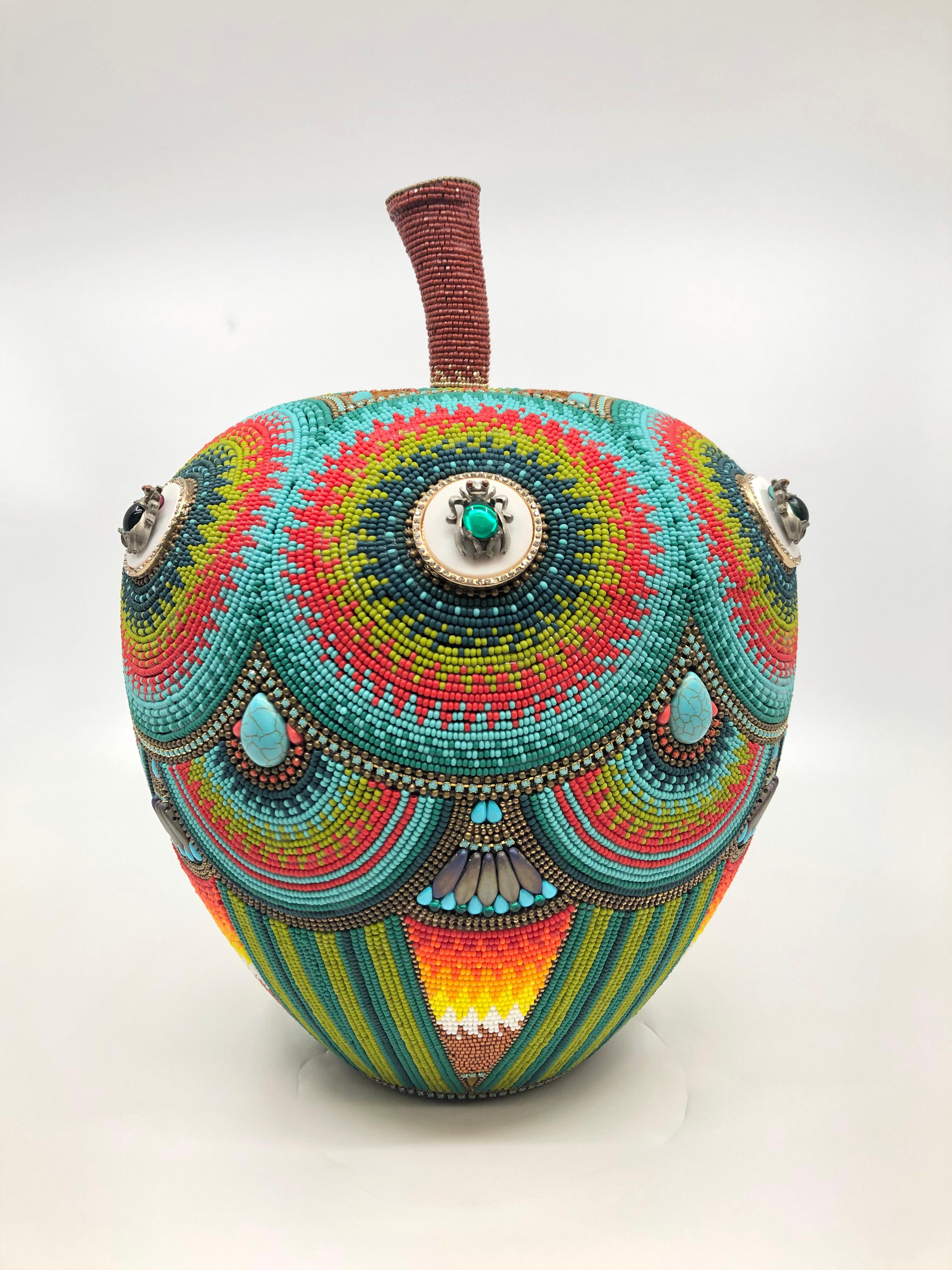Jan Huling Still-Life Sculpture - "Apple", Contemporary, Mixed Media, Beaded, Sculpture, Fruit, Colorful, Pattern