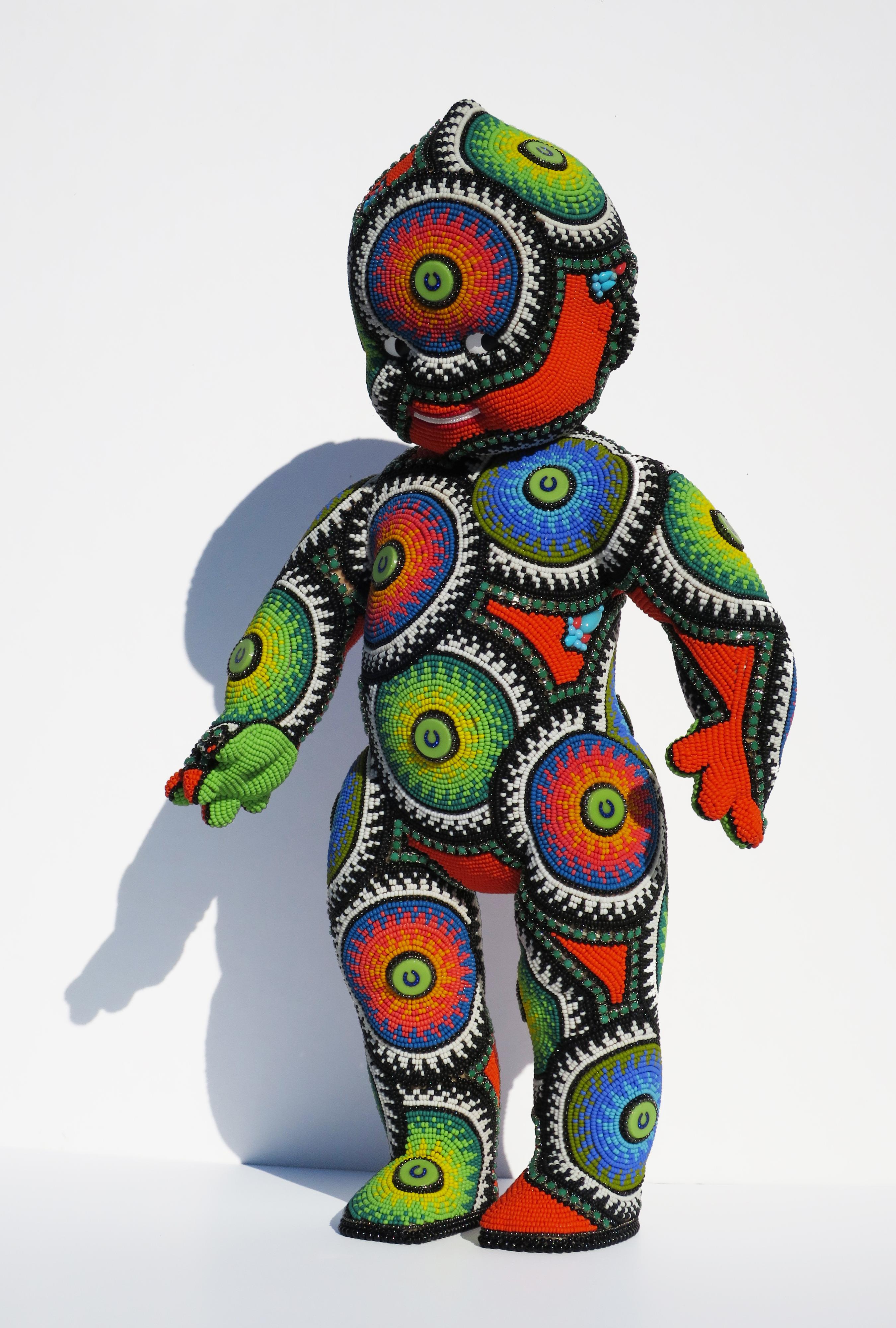 Jan Huling Abstract Sculpture - "Cheshire", Contemporary, Mixed Media, Sculpture, Glass Beads, Vintage Doll