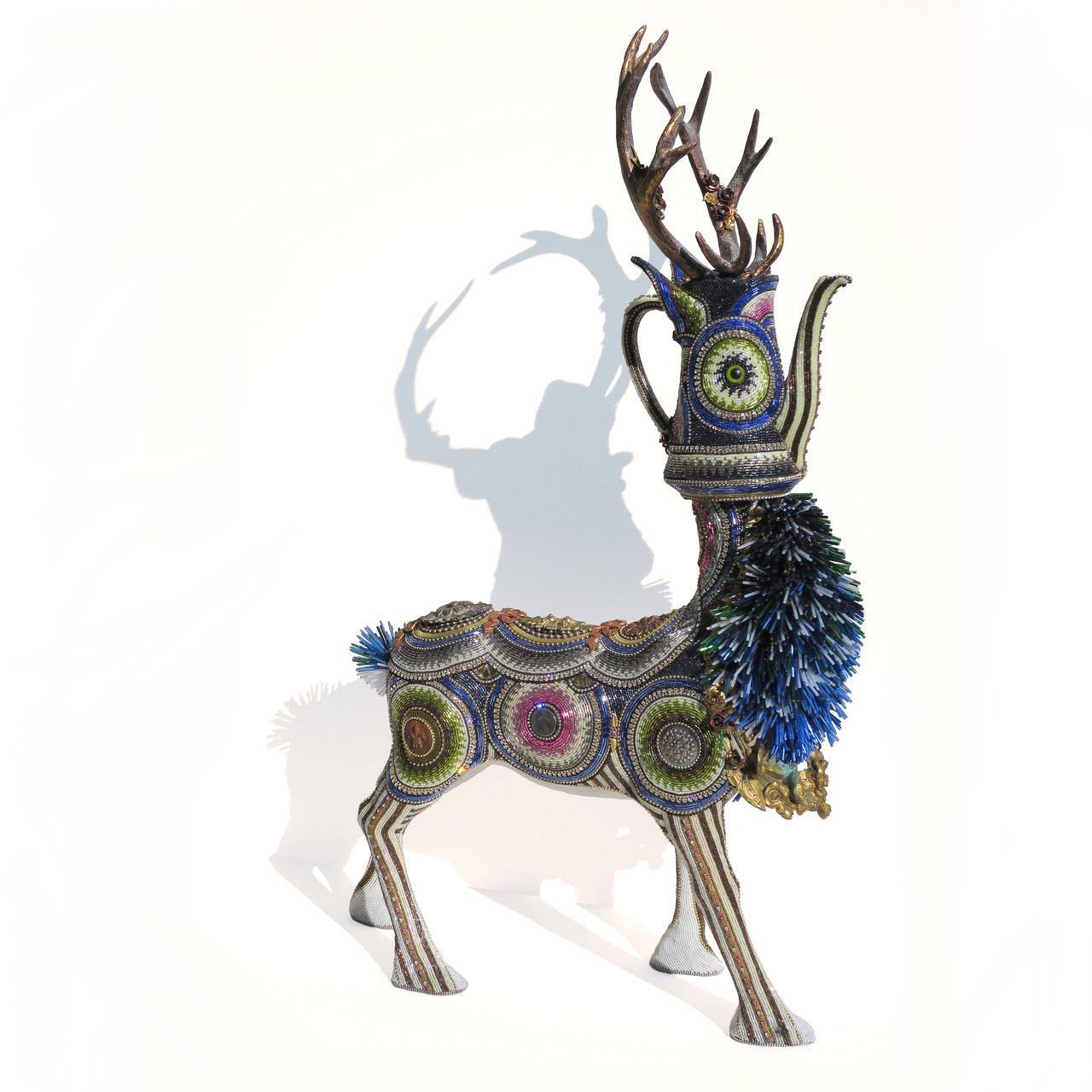 Jan Huling Figurative Sculpture - "Louis", Contemporary, Mixed Media, Beaded, Sculpture, Found Objects, Glass
