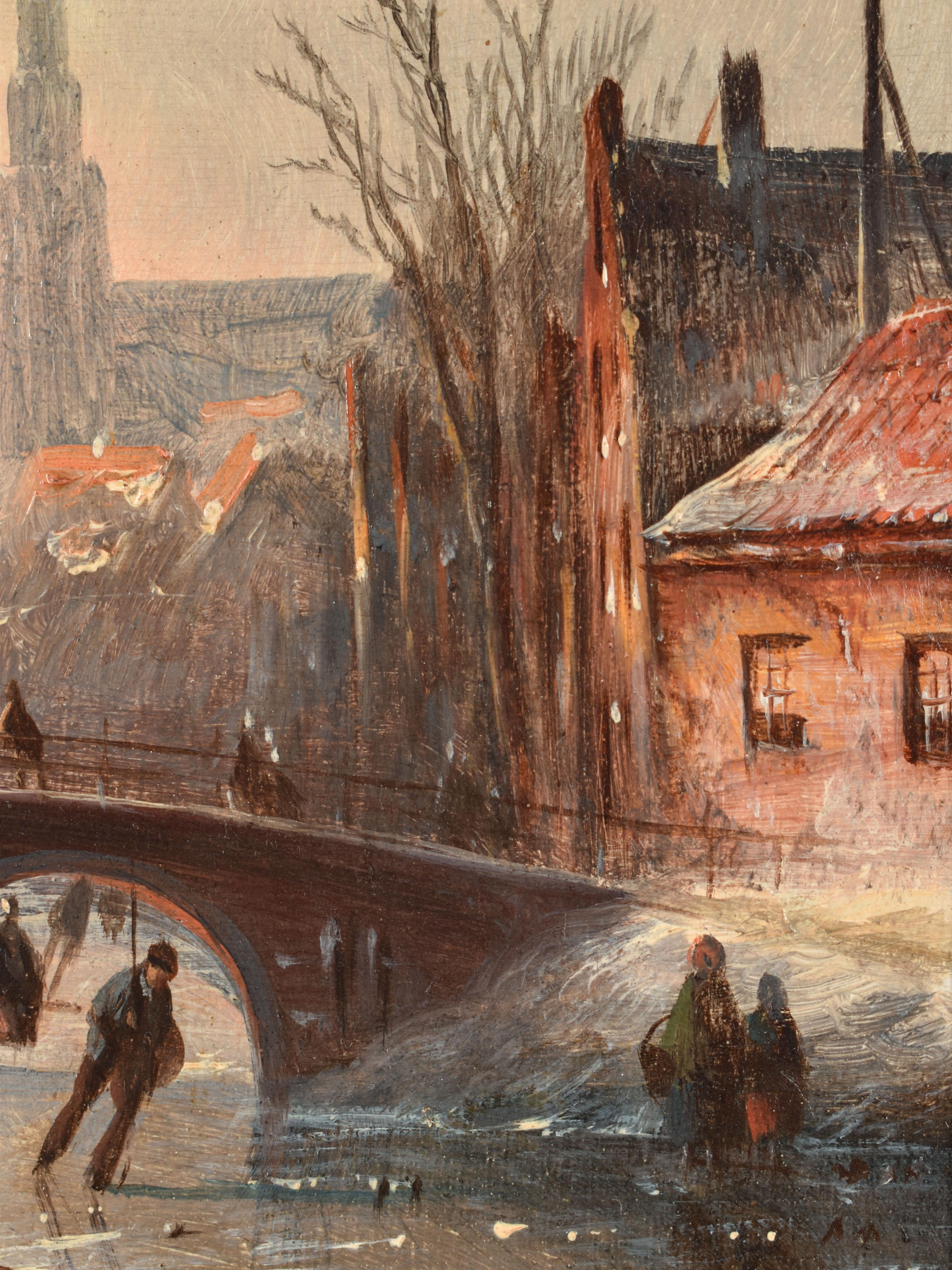 City canal with ice skaters - J.J.C. Spohler - Dutch - Europe - Winter - Town - Romantic Painting by Jan Jacob Coenraad Spohler