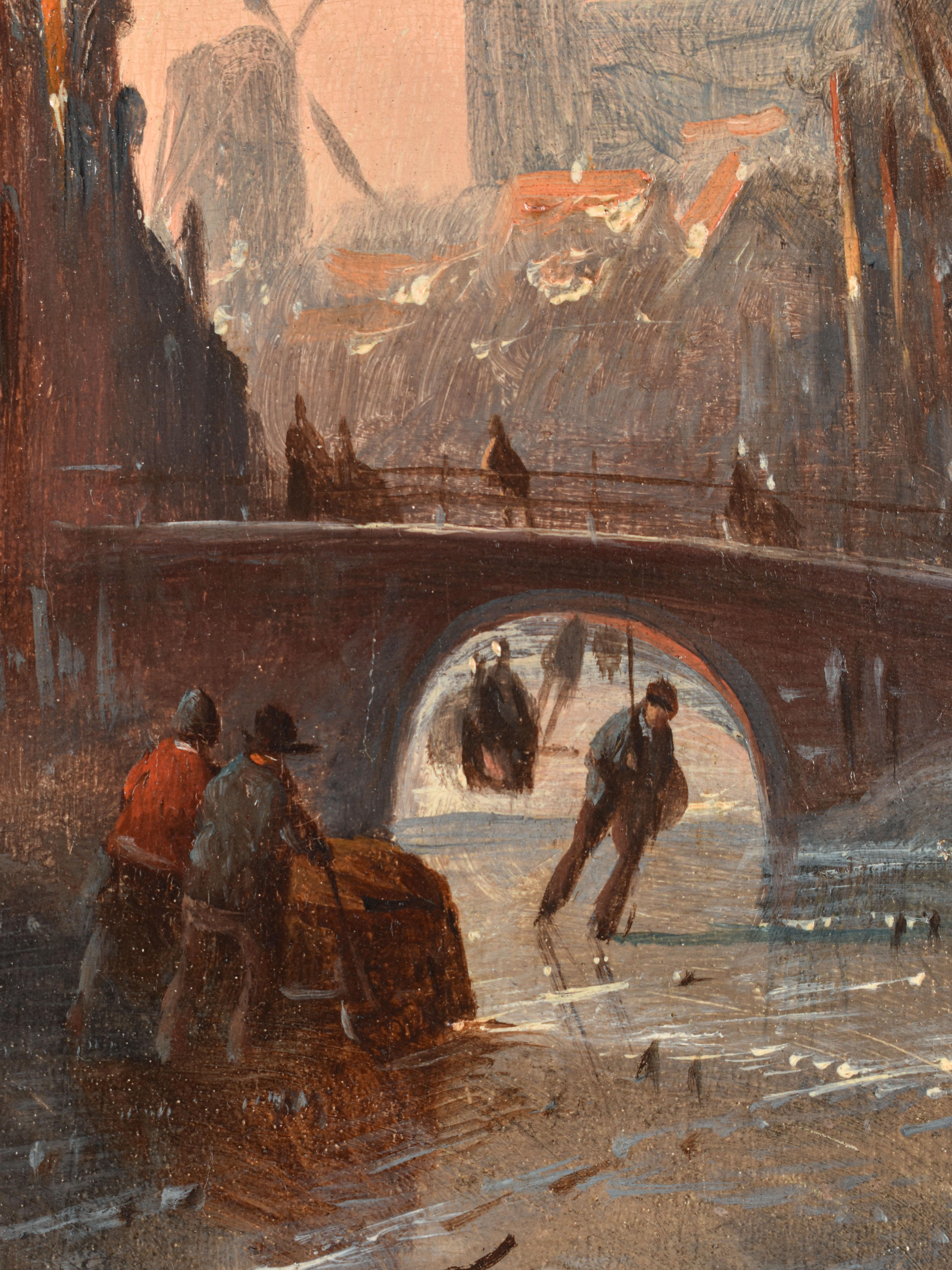 City canal with ice skaters - J.J.C. Spohler - Dutch - Europe - Winter - Town - Beige Figurative Painting by Jan Jacob Coenraad Spohler