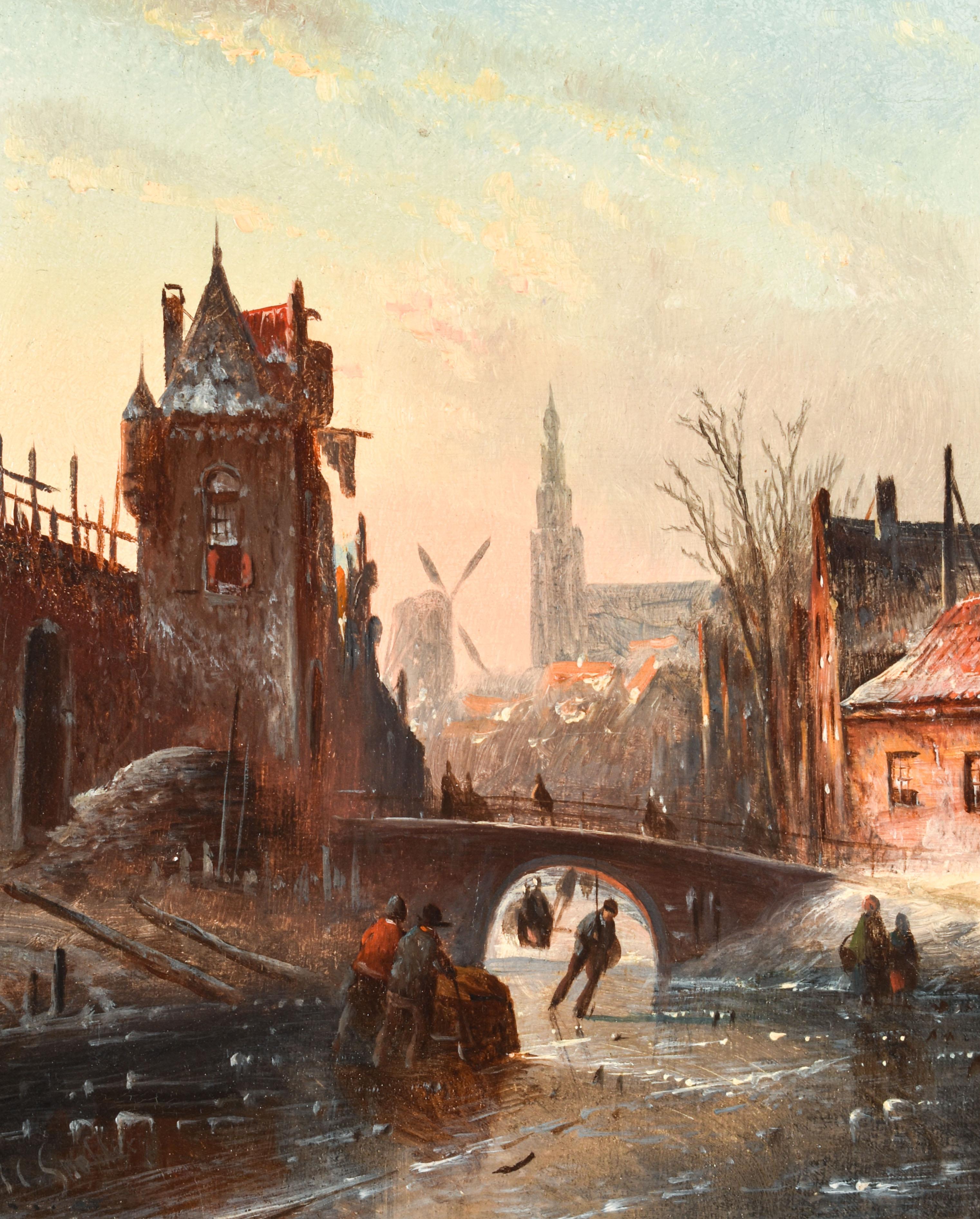 Jan Jacob Coenraad Spohler Figurative Painting - City canal with ice skaters - J.J.C. Spohler - Dutch - Europe - Winter - Town