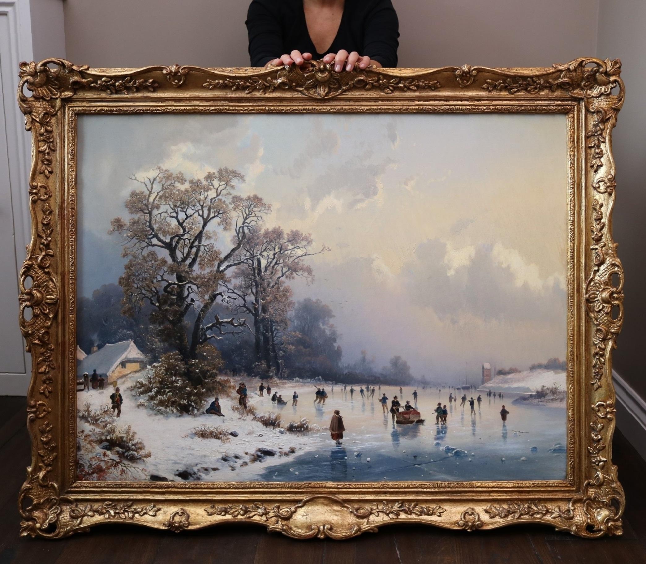 Landscape Painting Jan Jacob Coenraad Spohler - Skaters on Frozen Lake - Grande peinture à l'huile hollandaise d'un paysage d'hiver du 19e siècle