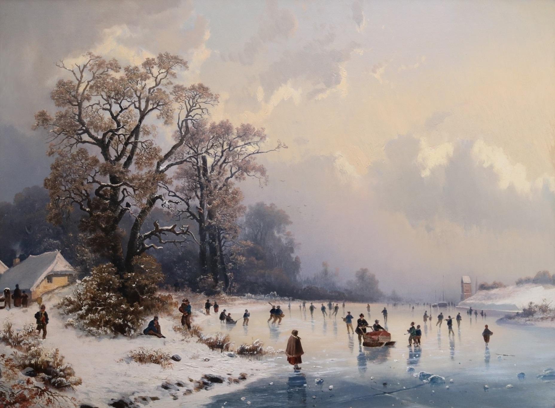 Skaters on Frozen Lake - Grande peinture à l'huile hollandaise d'un paysage d'hiver du 19e siècle - École hollandaise Painting par Jan Jacob Coenraad Spohler